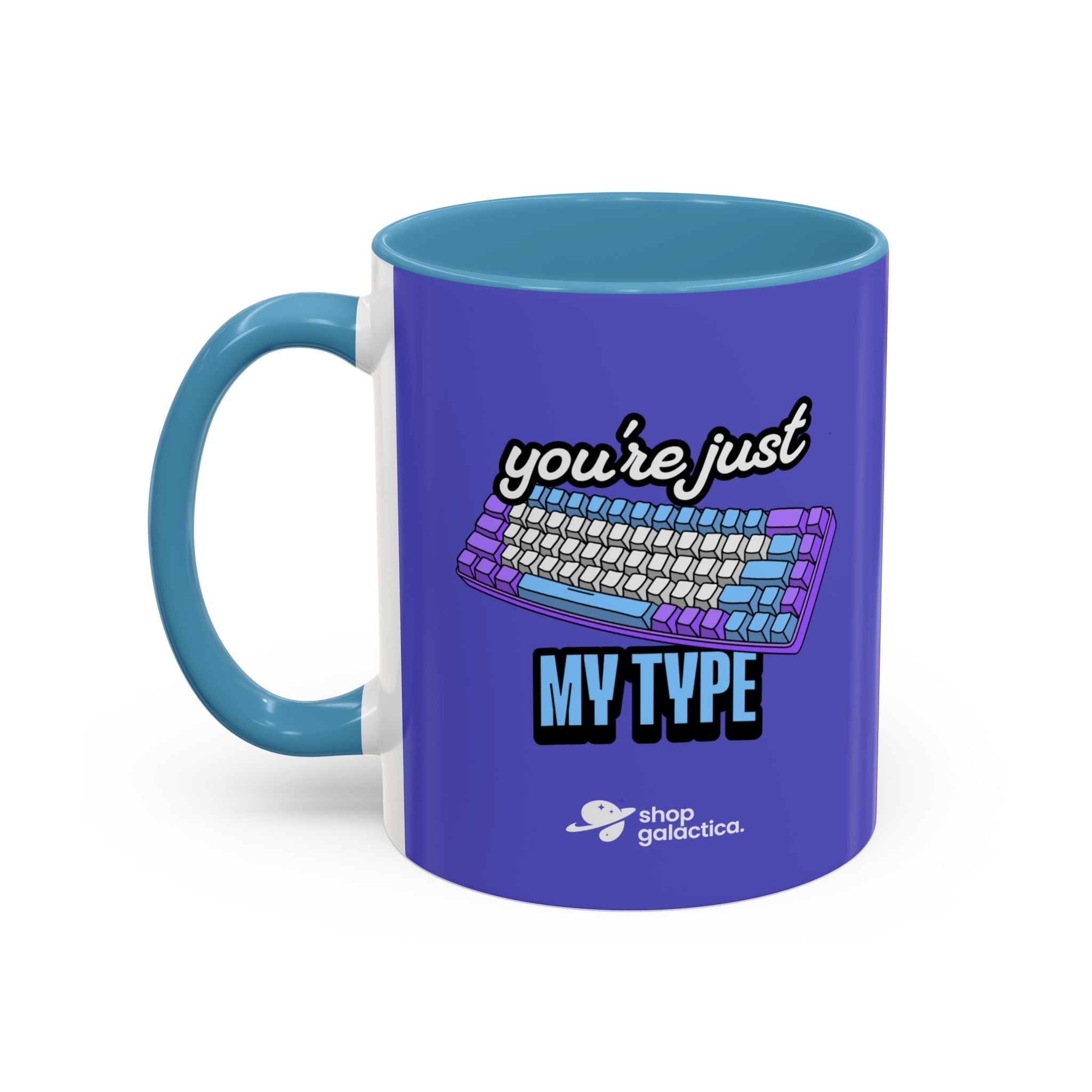 Mug, Purple and Blue Theme with 'You're Just My Type' Keyboard Design
