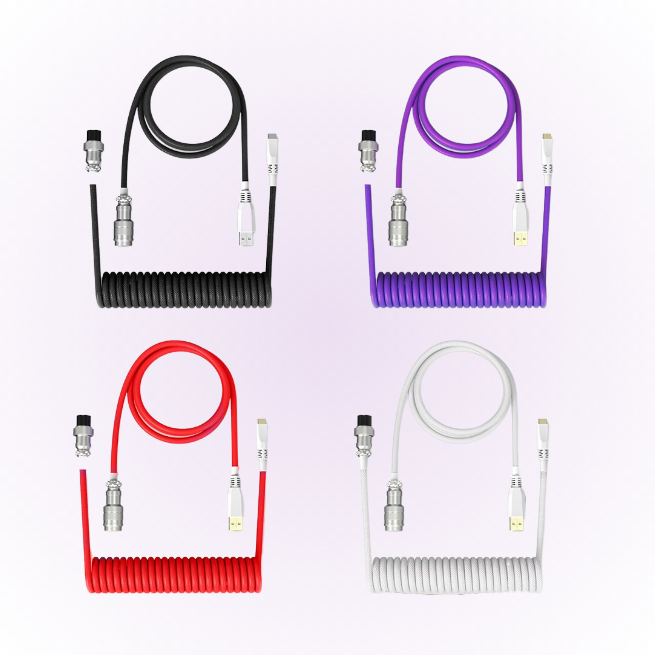 black, purple, red and white mechanical keyboard coiled cables