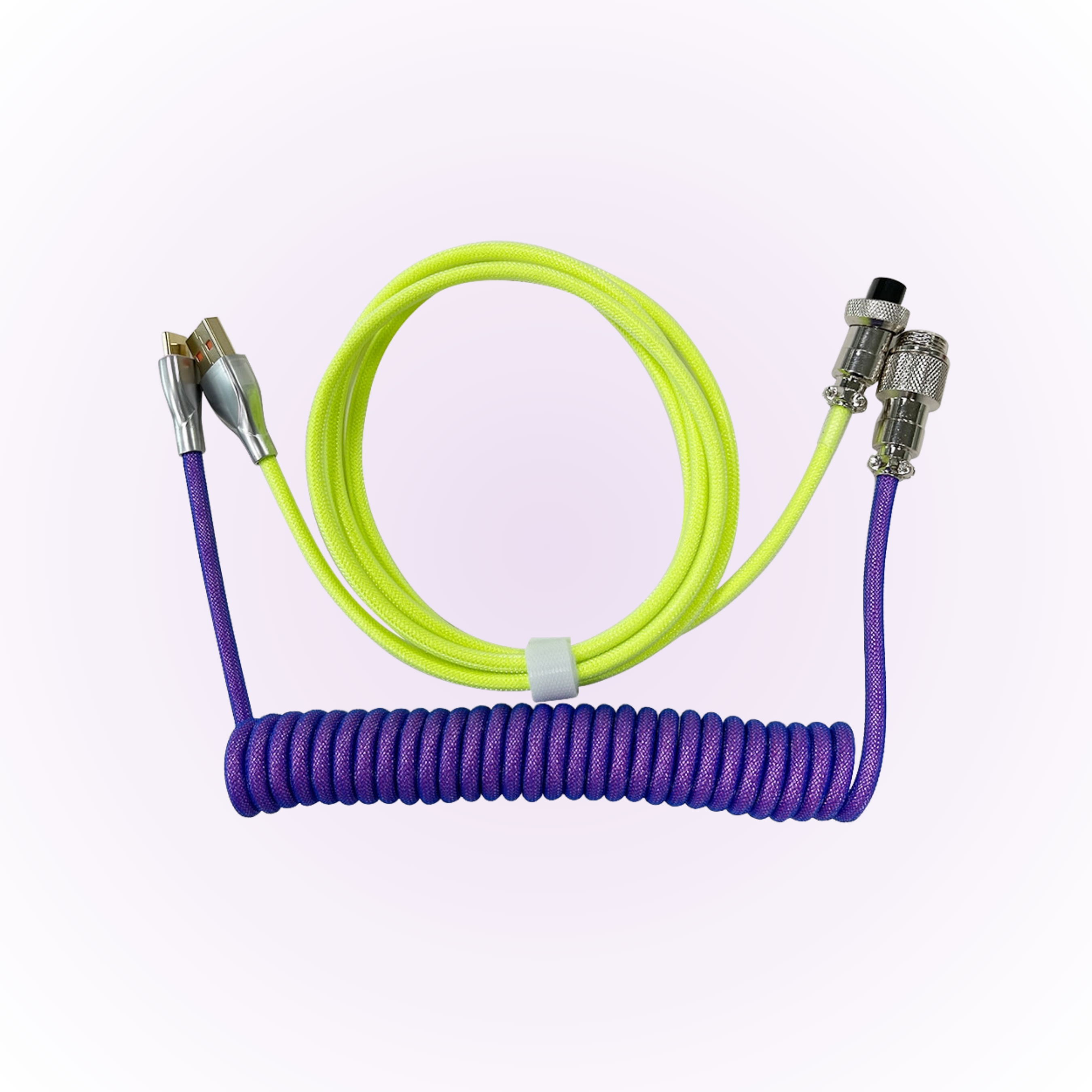 lime green and purple mechanical keyboard coiled cable