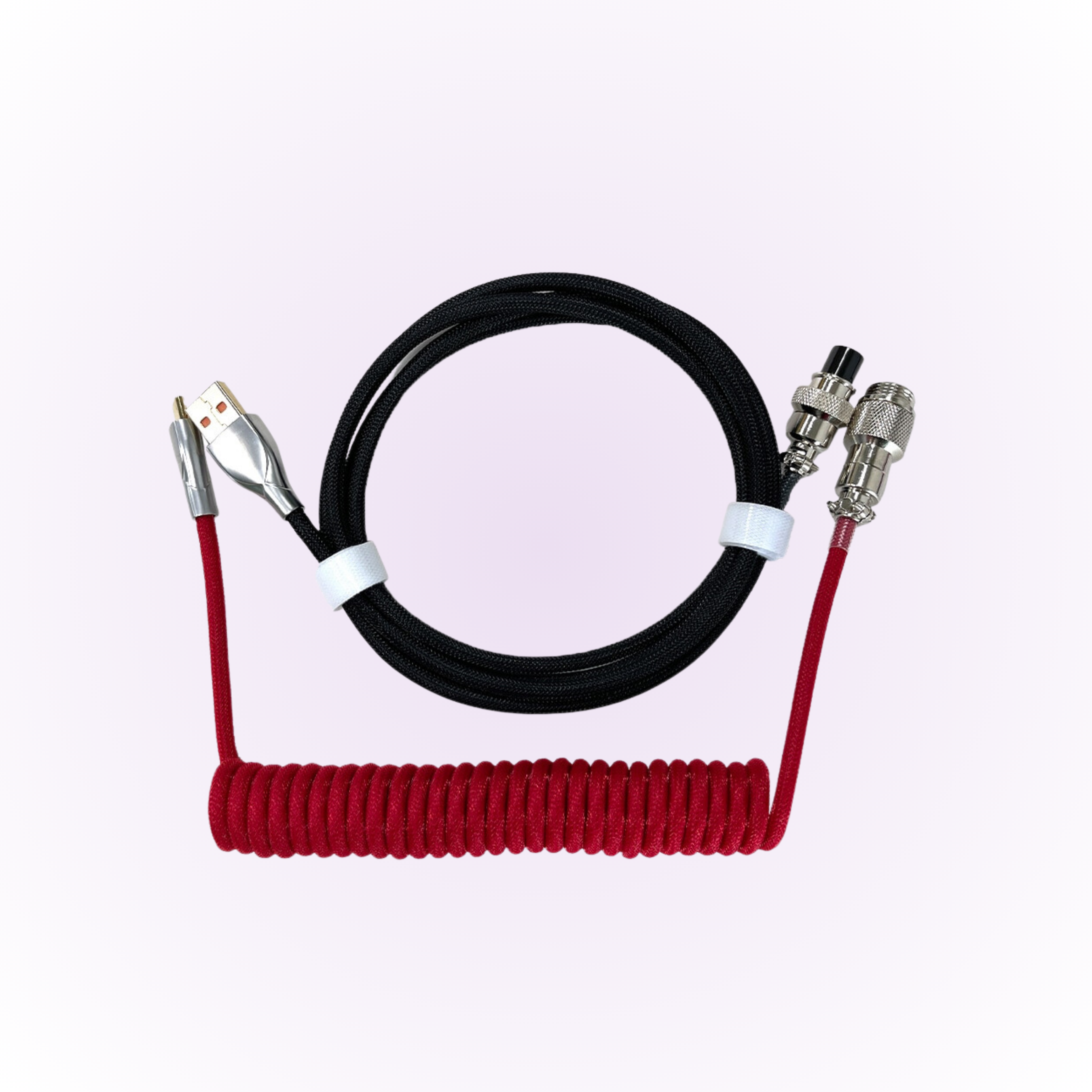 black and red mechanical keyboard coiled cable