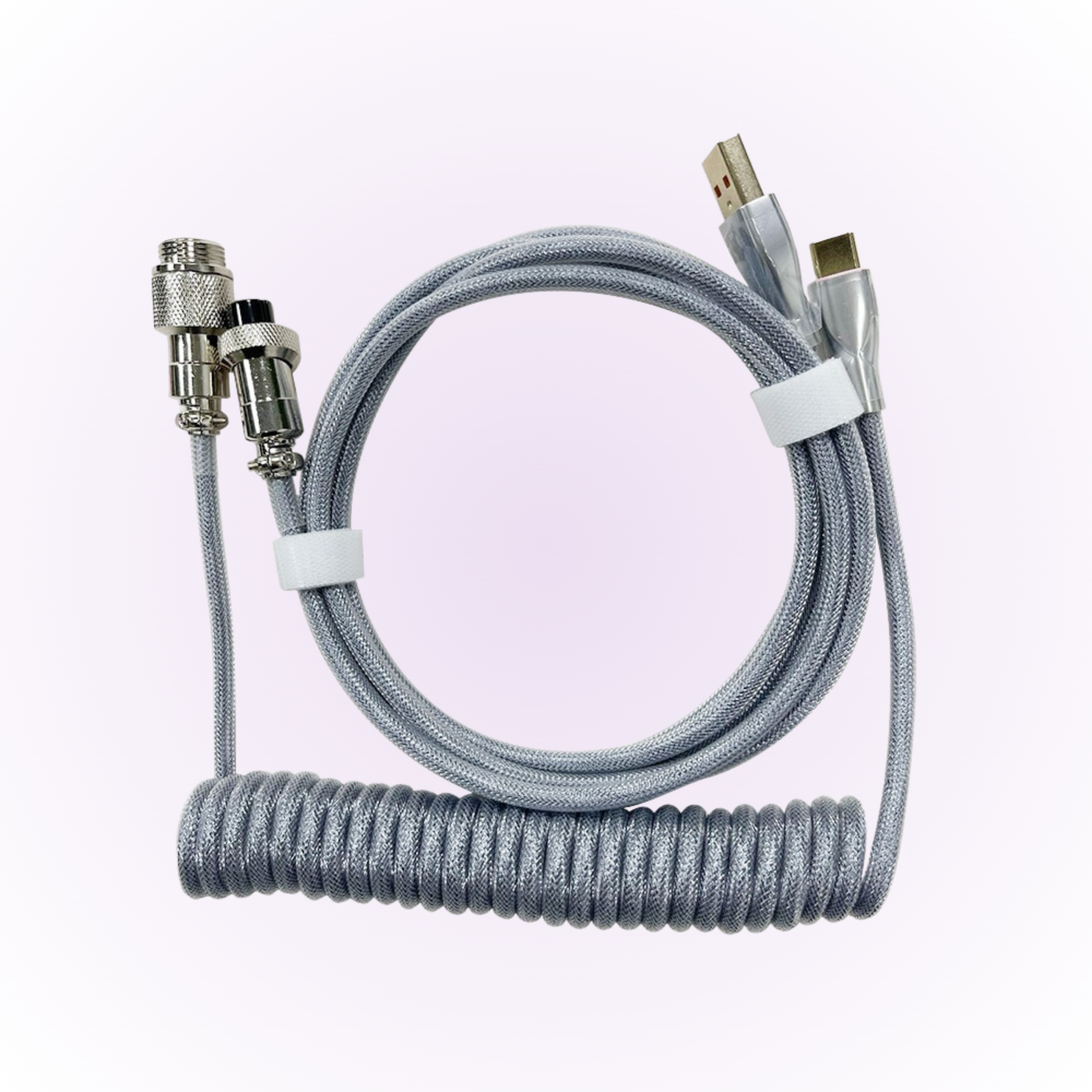 silver mechanical keyboard coiled cable