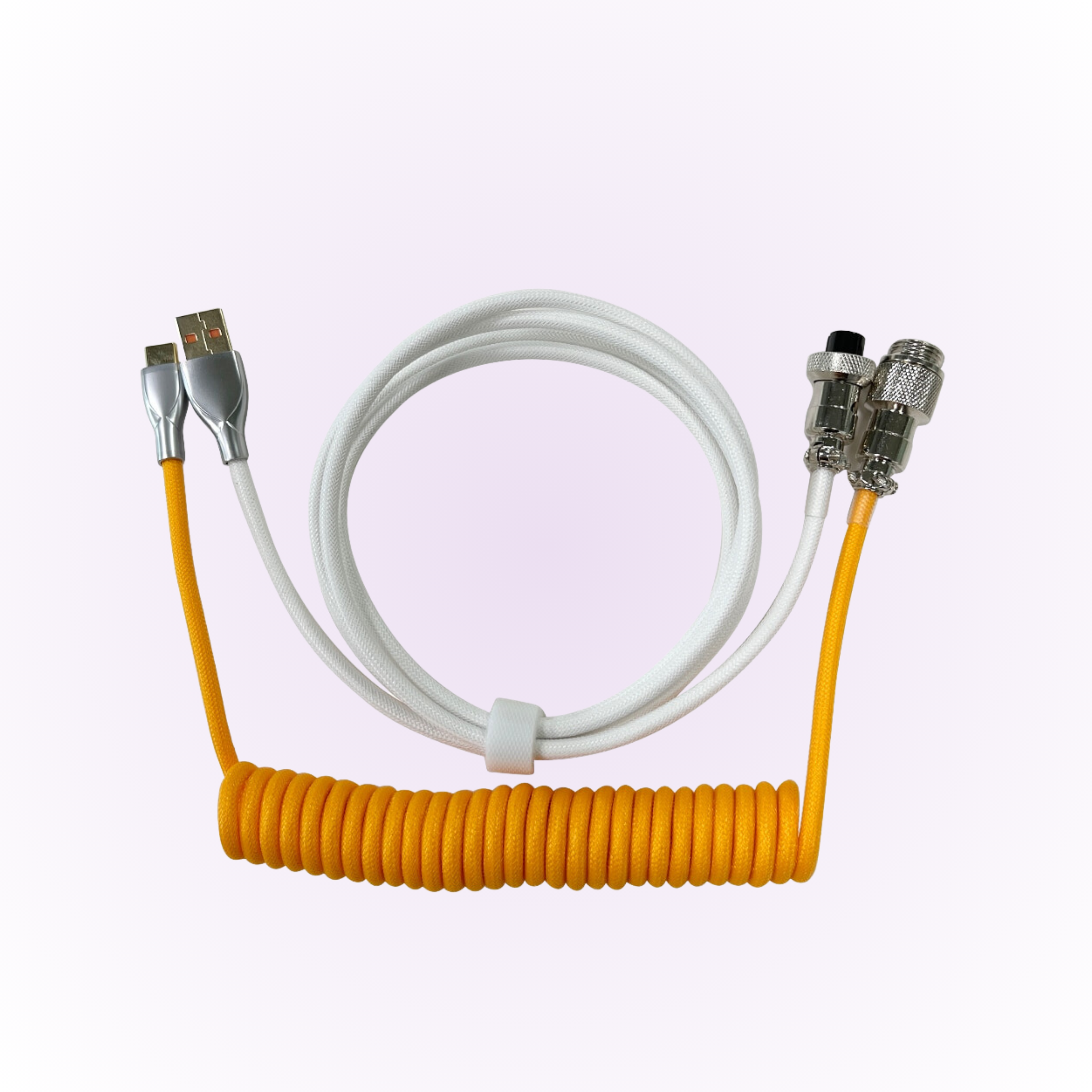 white and orange mechanical keyboard coiled cable