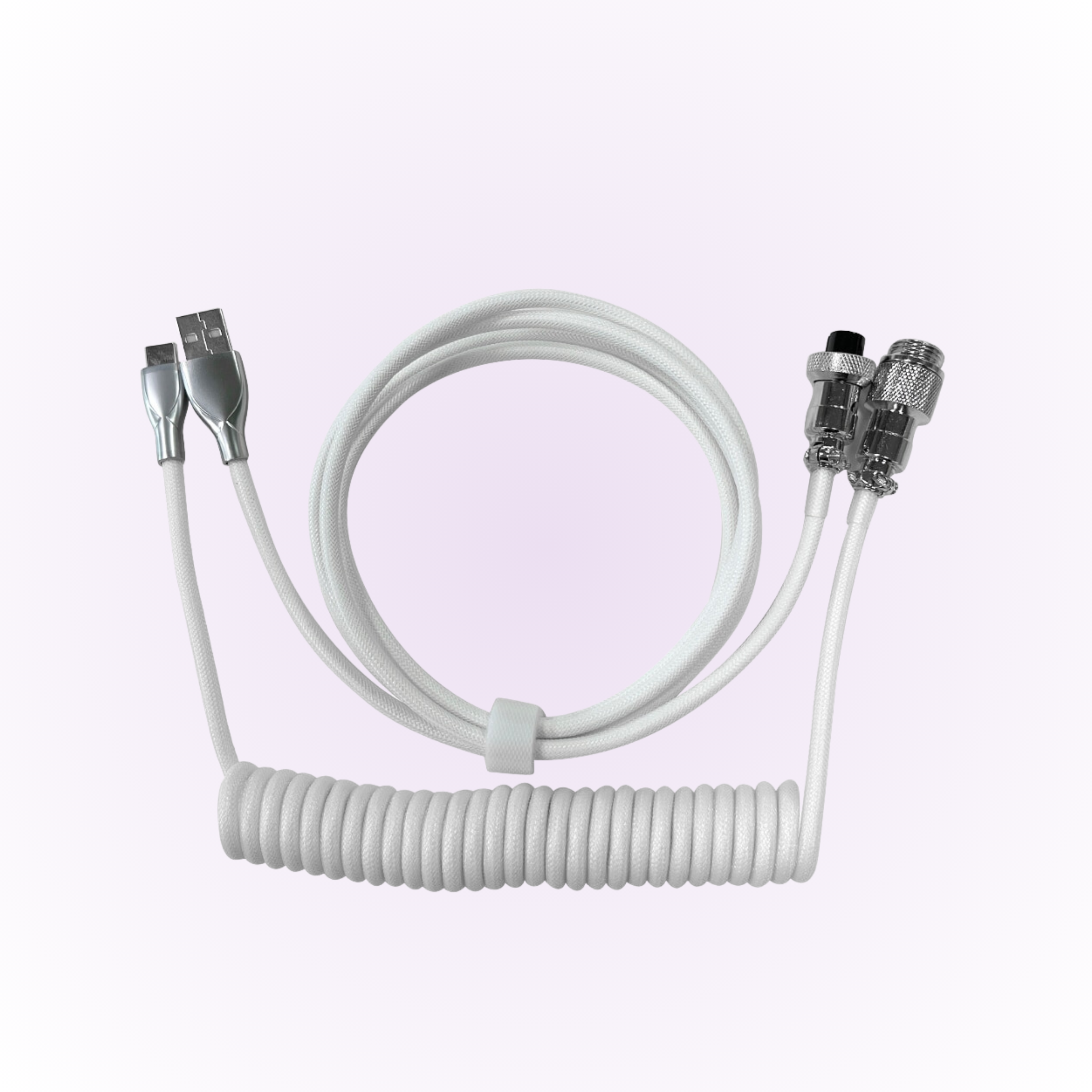 white mechanical keyboard coiled cable