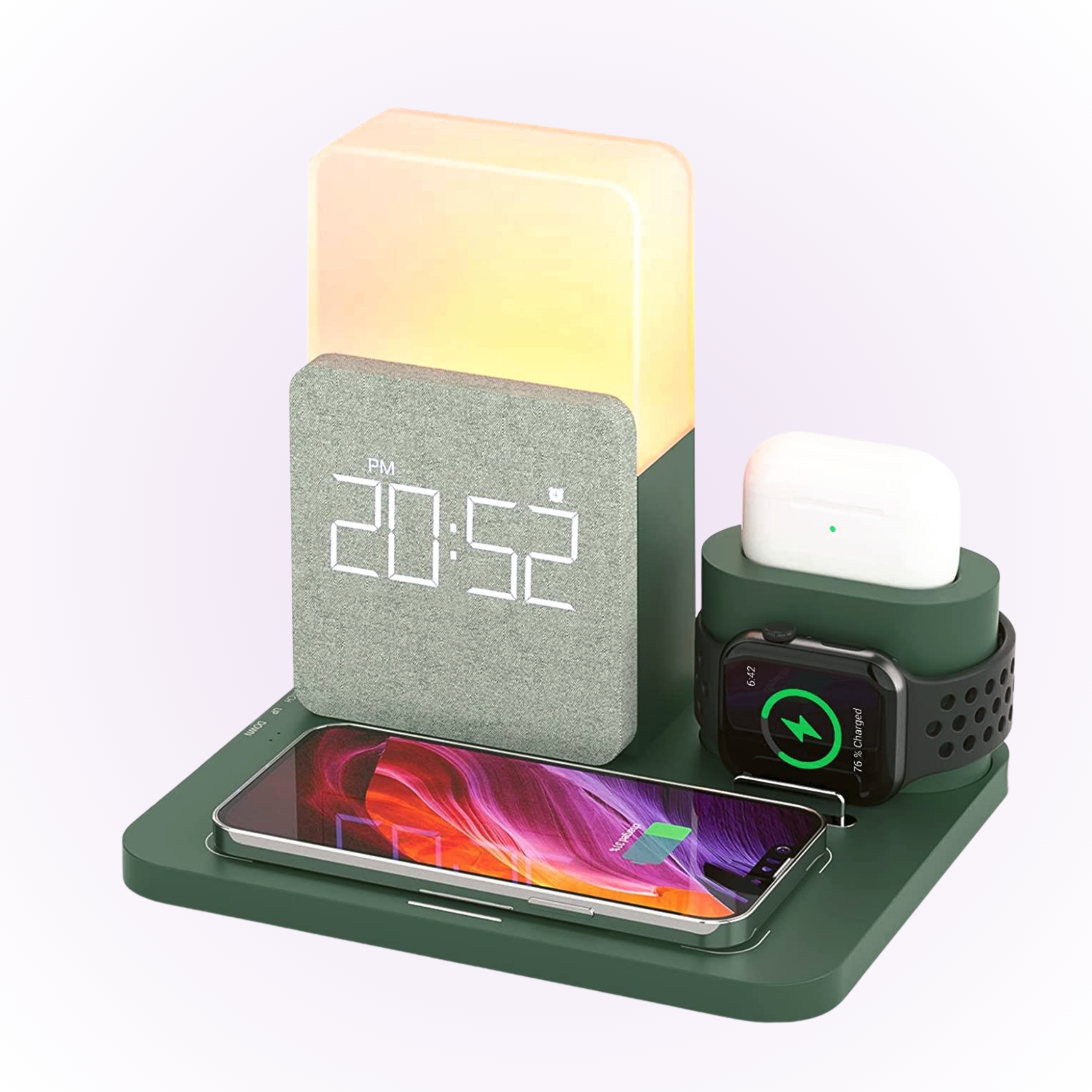 khaki green alarm clock with wireless charging iphone, airpods and apple watch