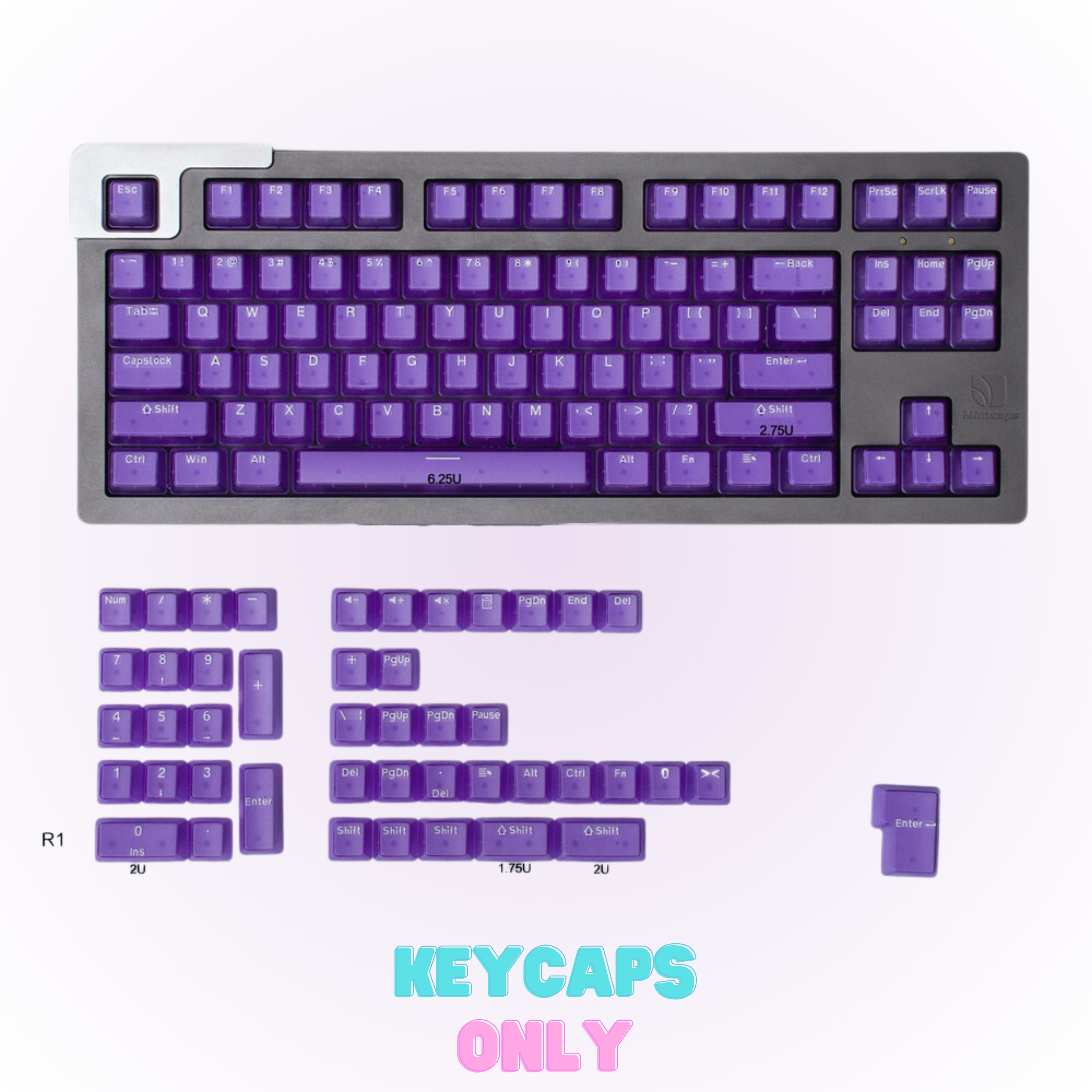 purple transparent keycap set on a black mechanical keyboard