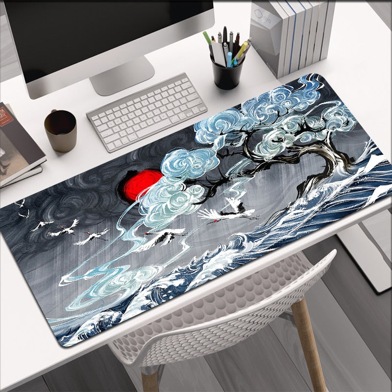 stormy blue sea with blue tree mouse pad, Japanese style art
