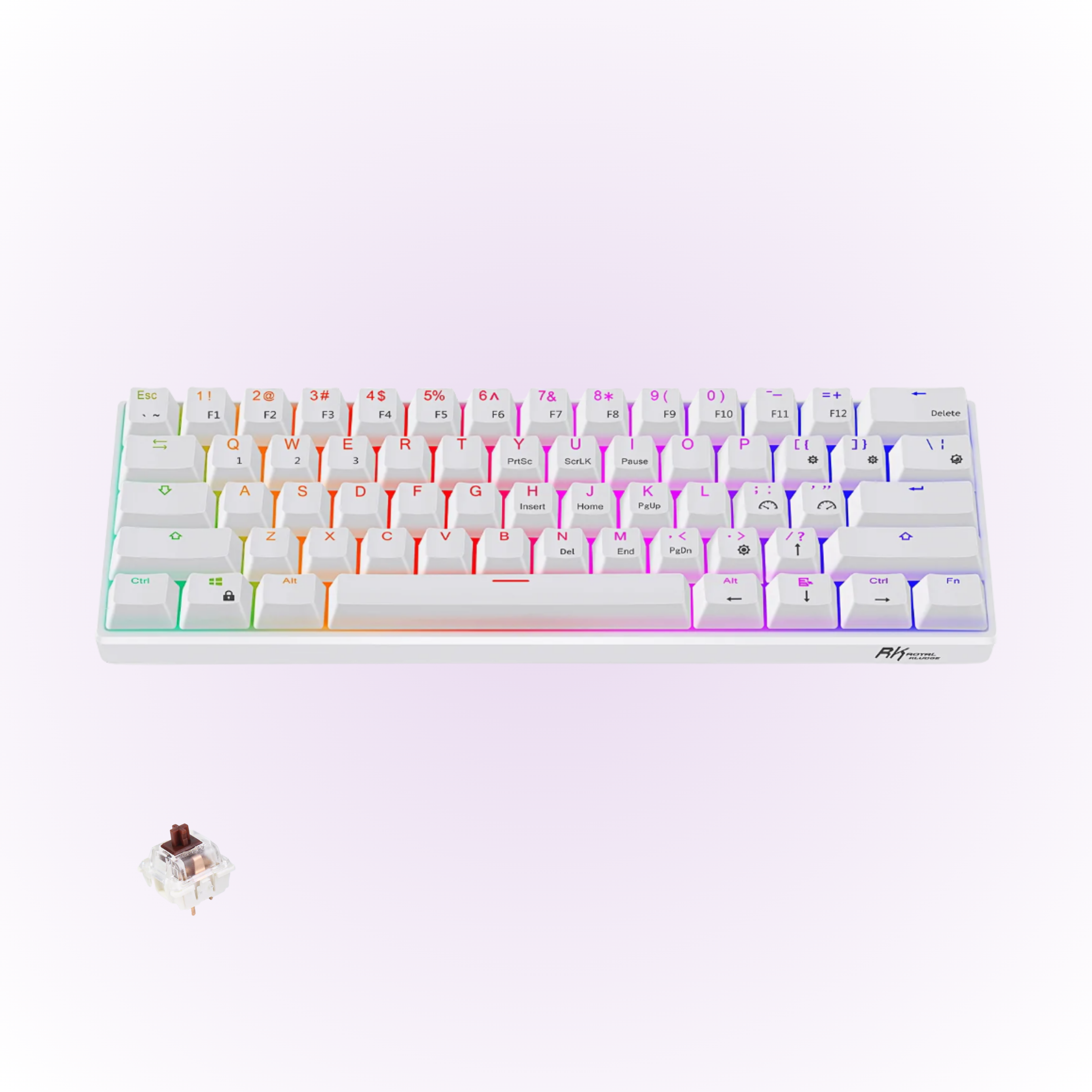white rgb mechanical keyboard with brown keyboard switch next to the keyboard