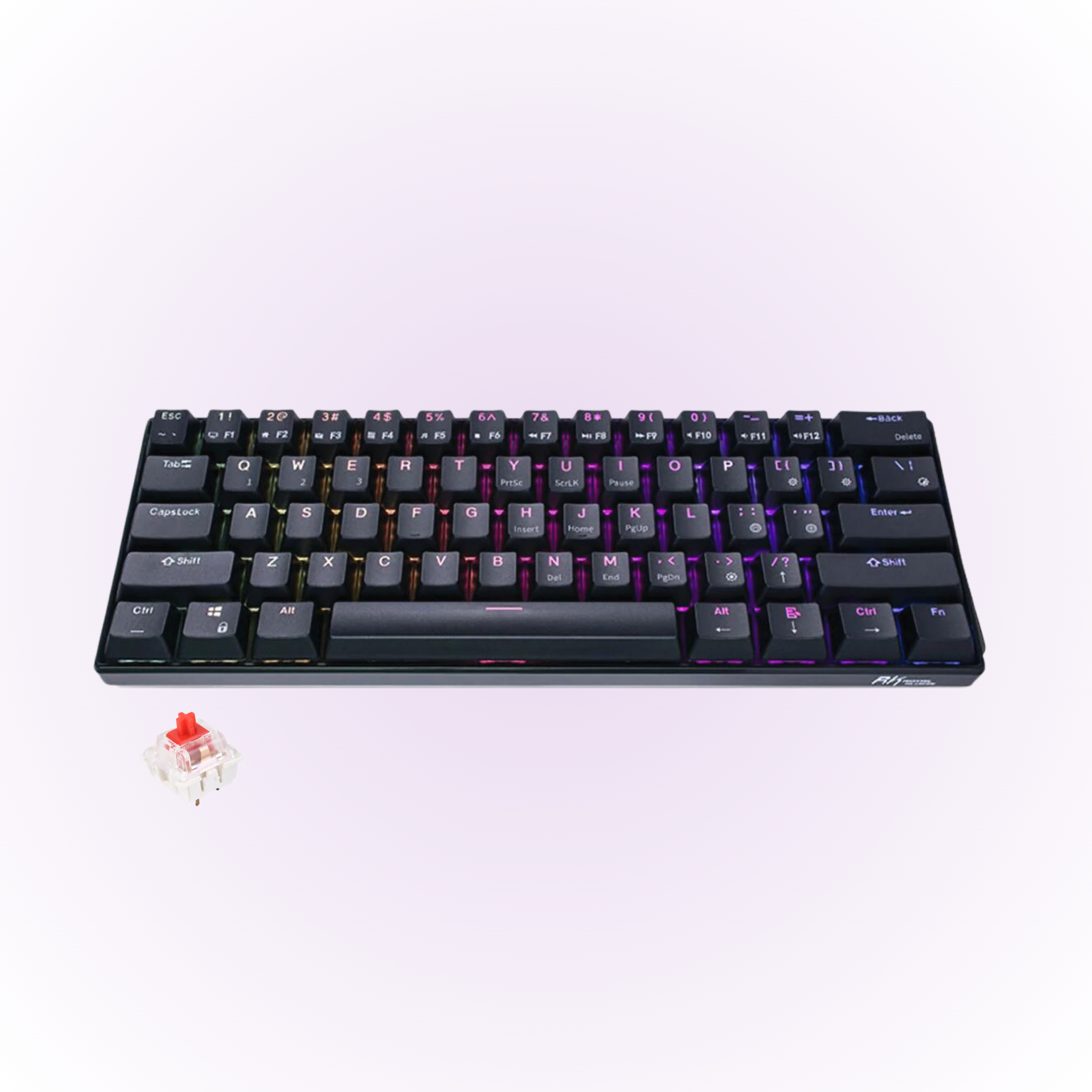 black rgb mechanical keyboard with red keyboard switch next to the keyboard