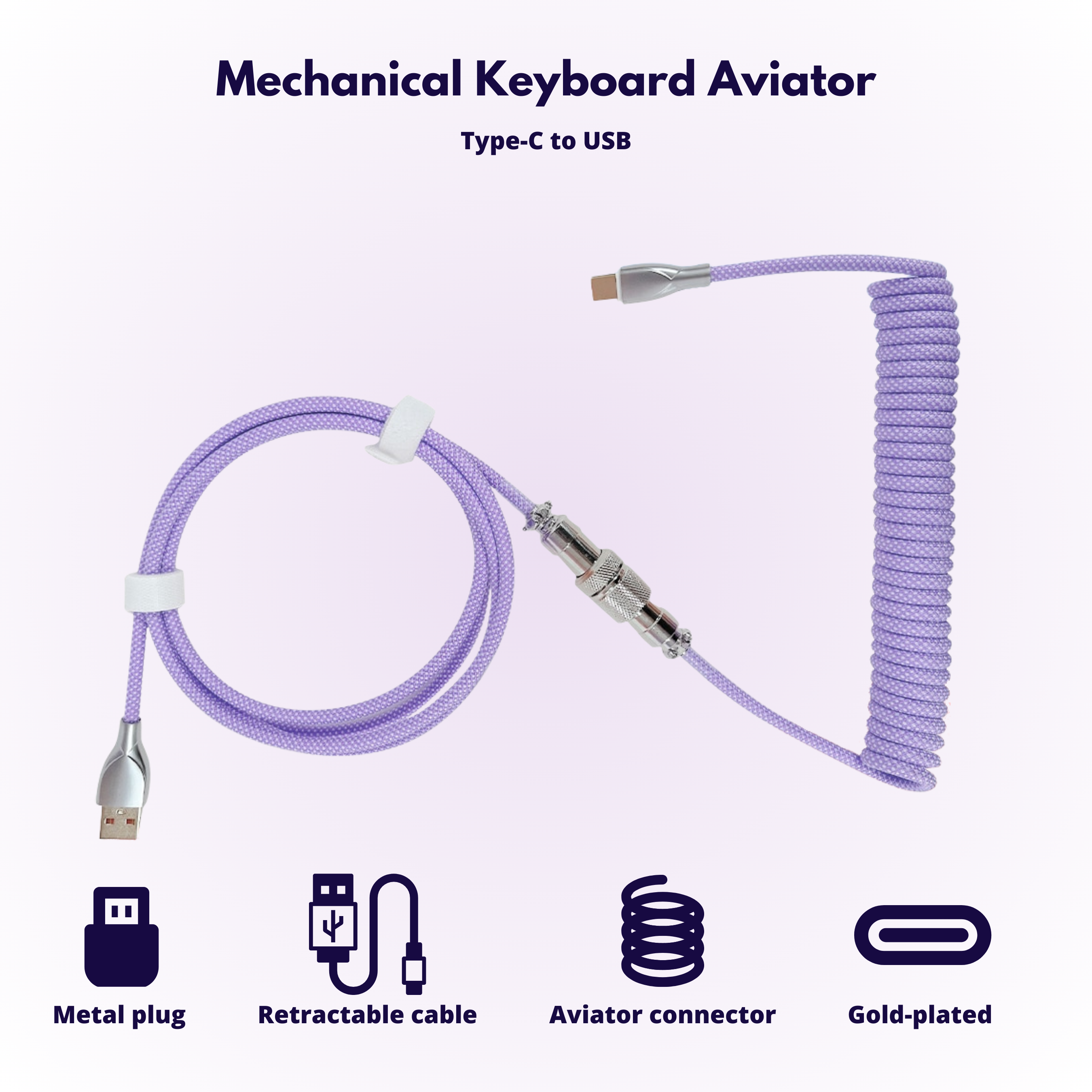 purple pastel mechanical keyboard coiled cable with information at the bottom. Stating it is a type-c adapter with metal plug, a retractable cable that is gold plated