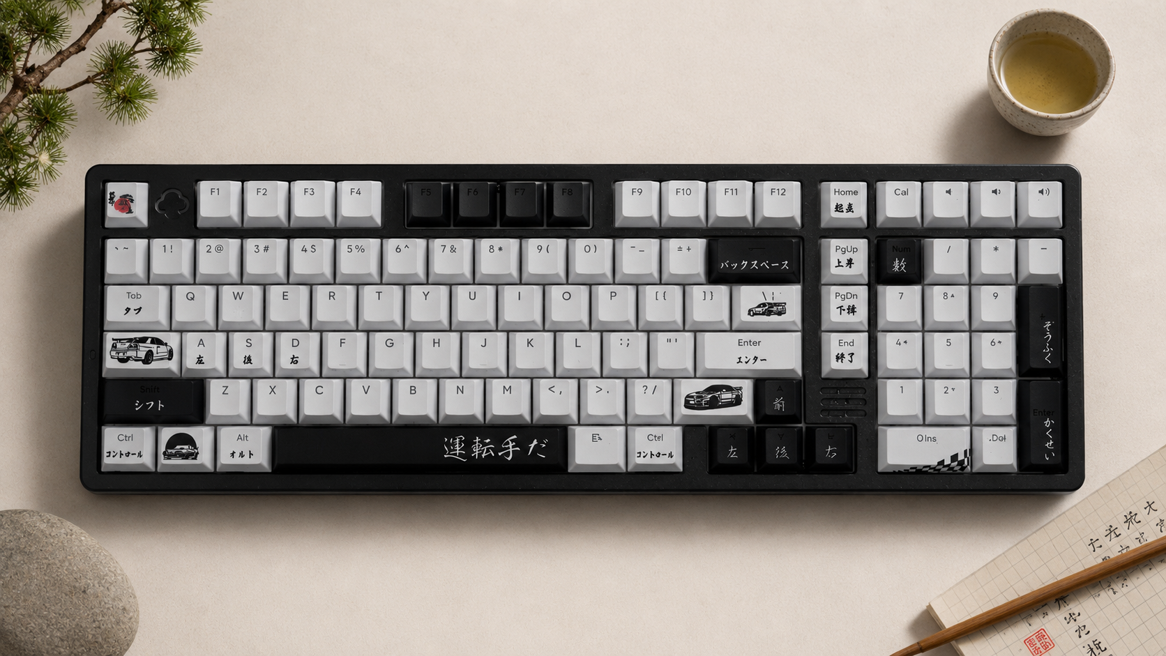 Premium mechanical aluminium keyboard with custom JDM keycaps on a light surface with surrounding japanese items