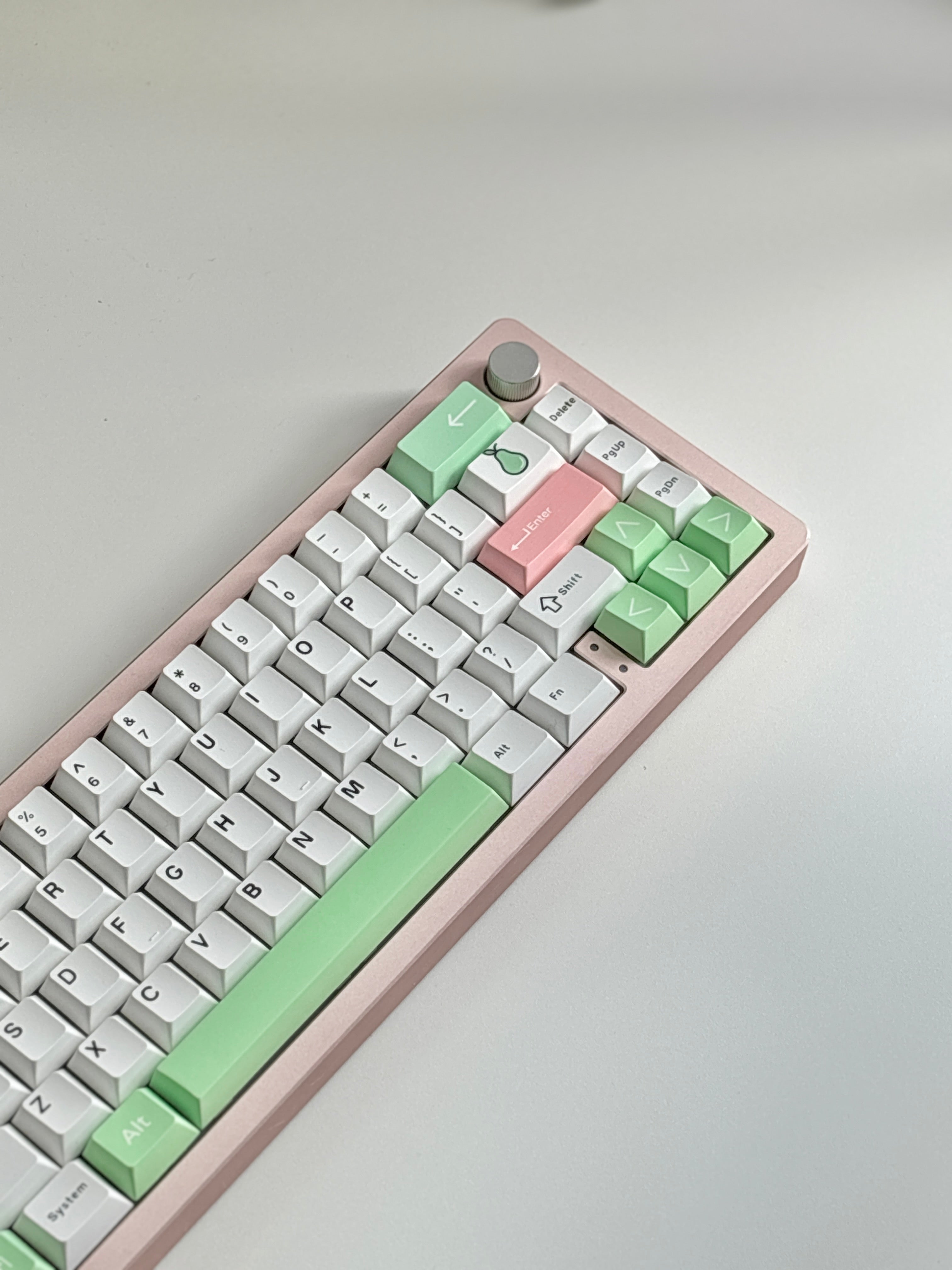 White mechanical keyboard with pear accent key keycaps cherry profile keycaps