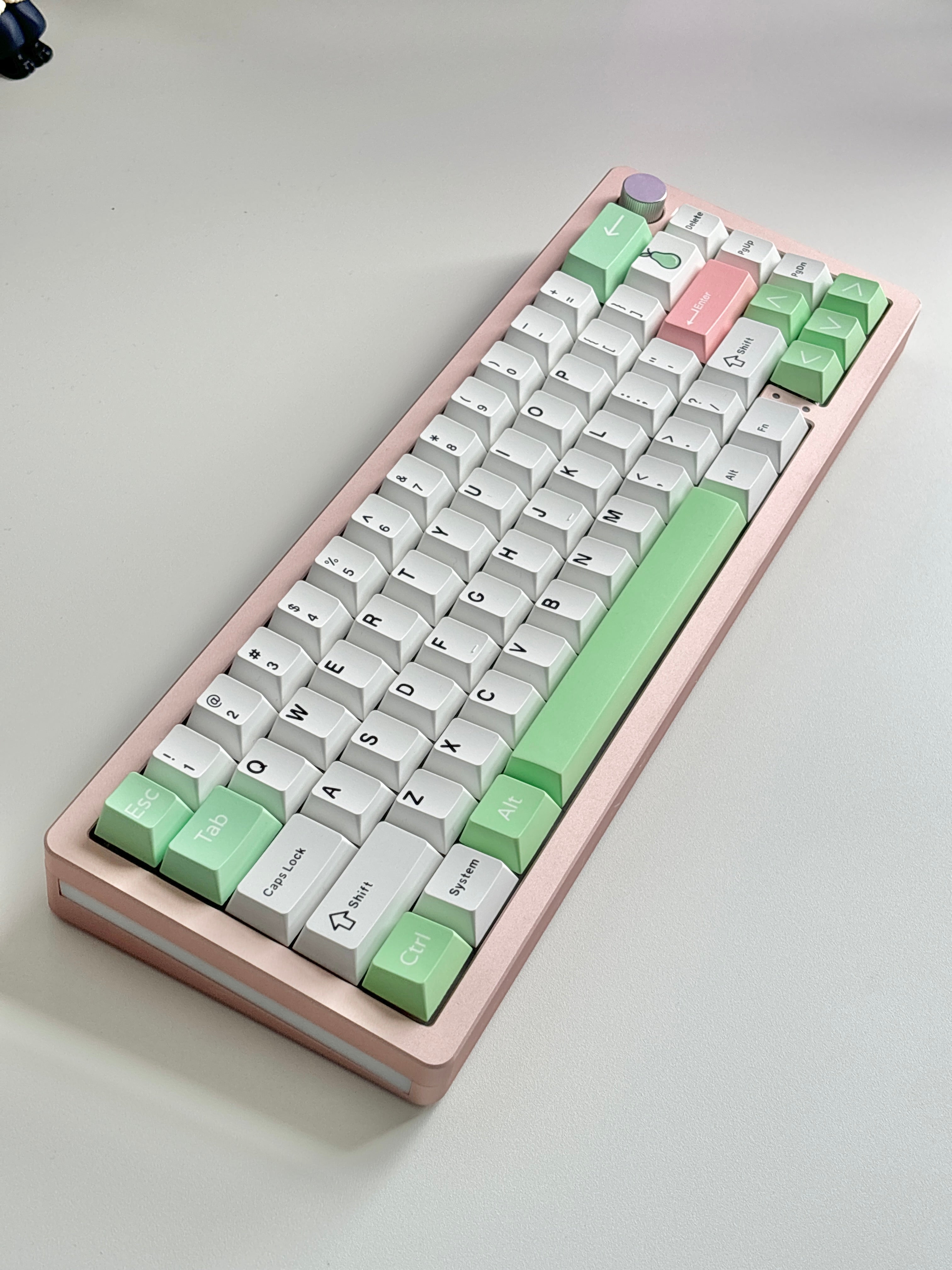 White mechanical keyboard with pear
green accent key keycaps cherry profile keycaps