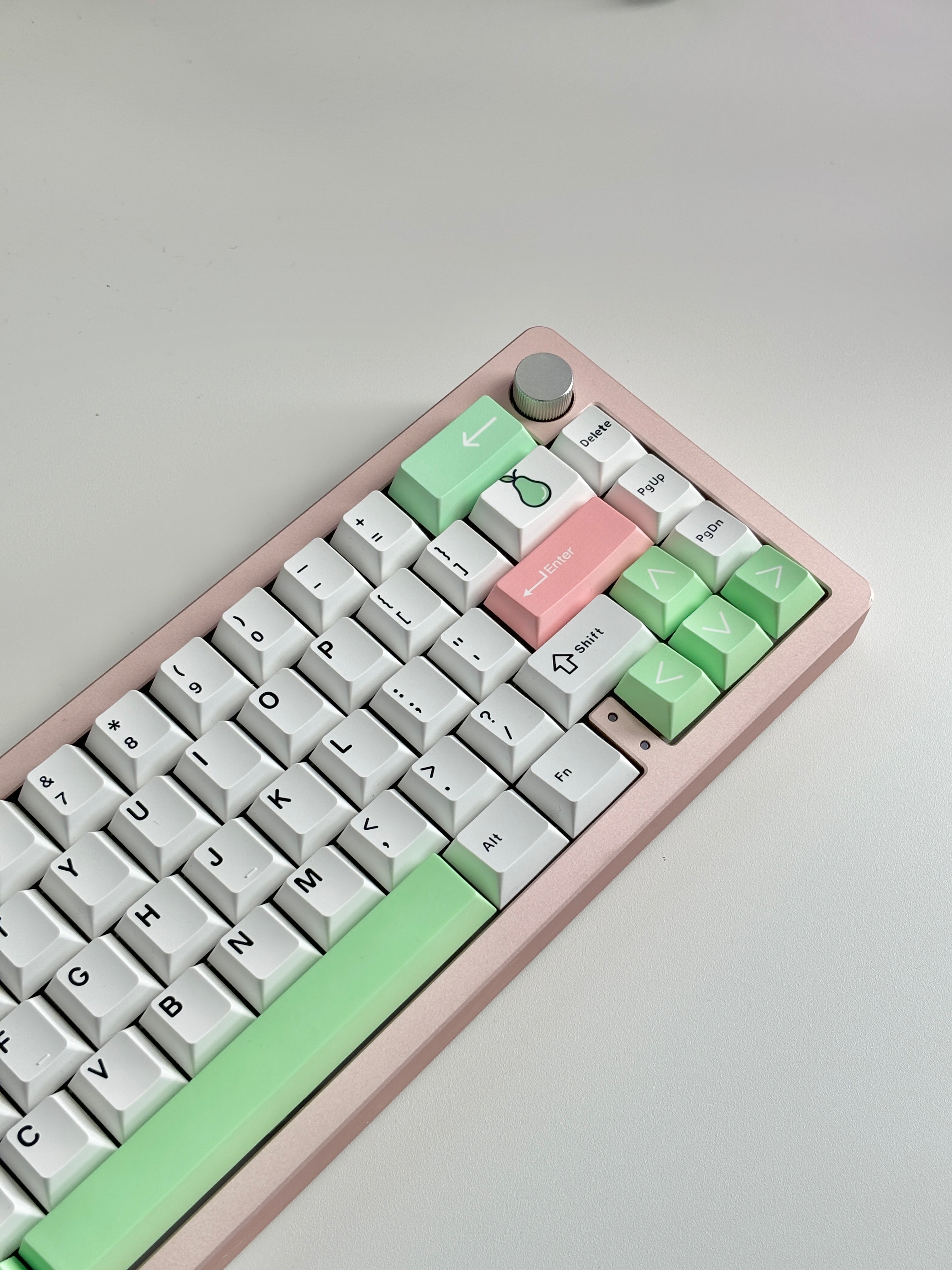 White mechanical keyboard with green accent key keycaps cherry profile keycaps