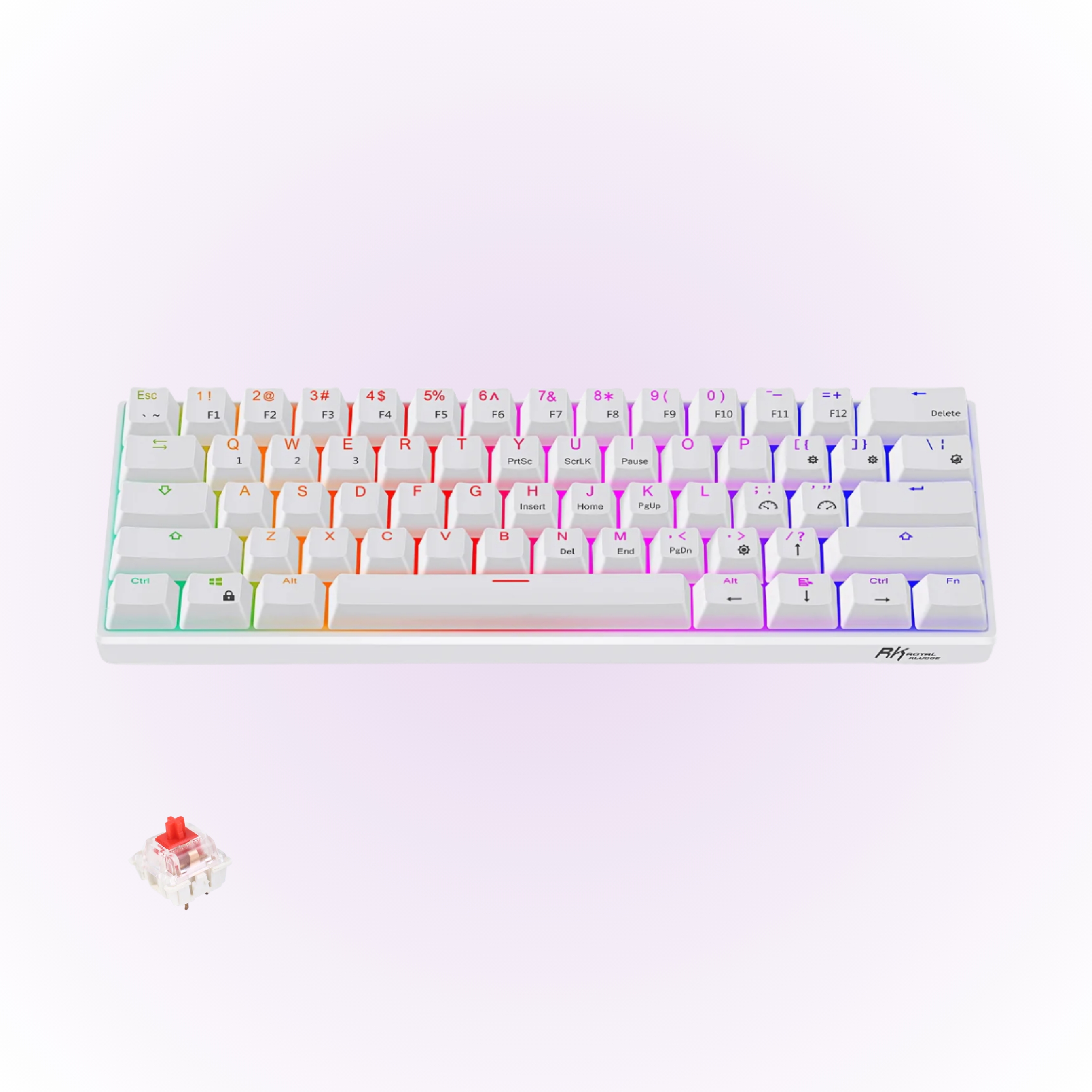 white rgb mechanical keyboard with red keyboard switch next to the keyboard
