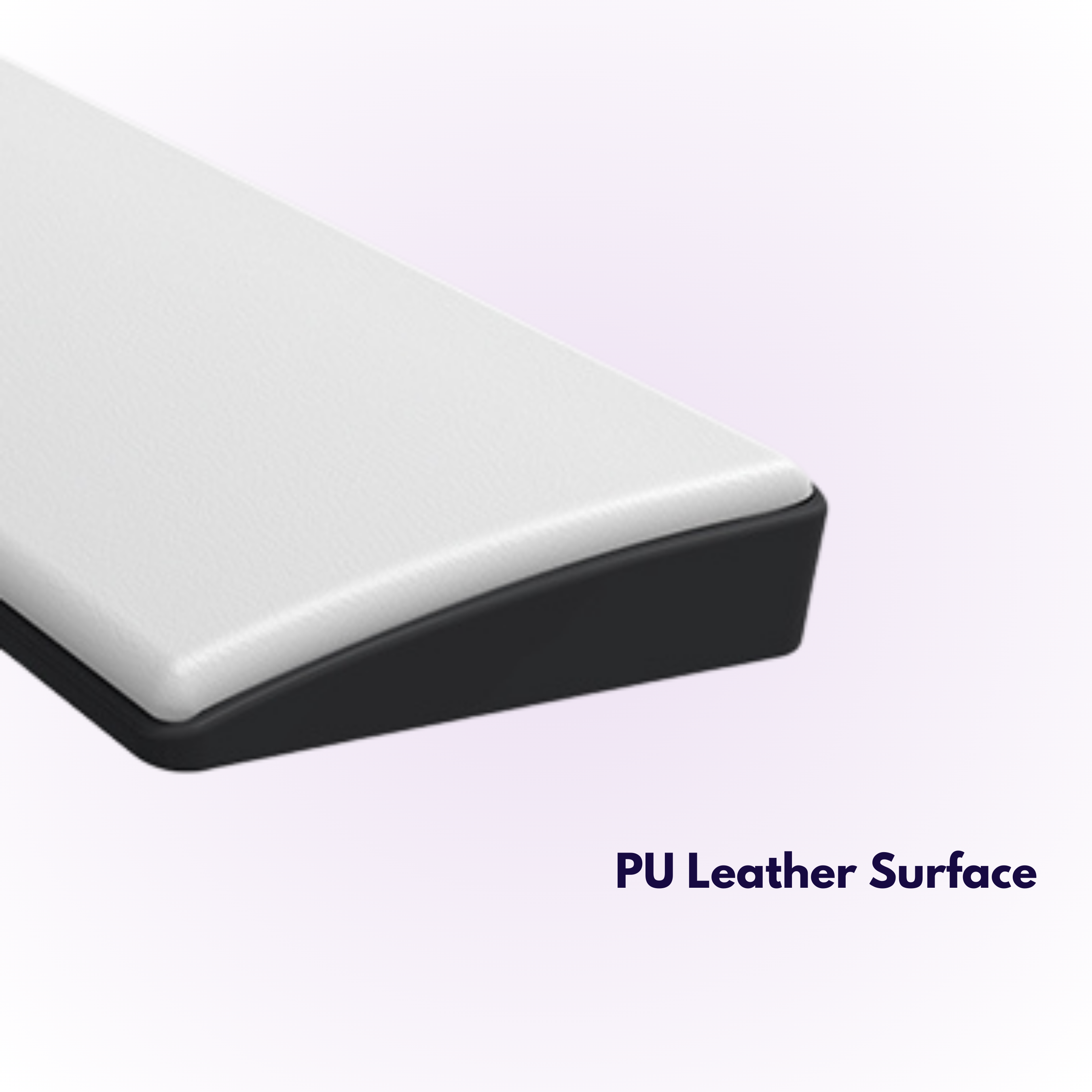 angled white mechanical keyboard wrist rest with a black base showing the PU leather surface