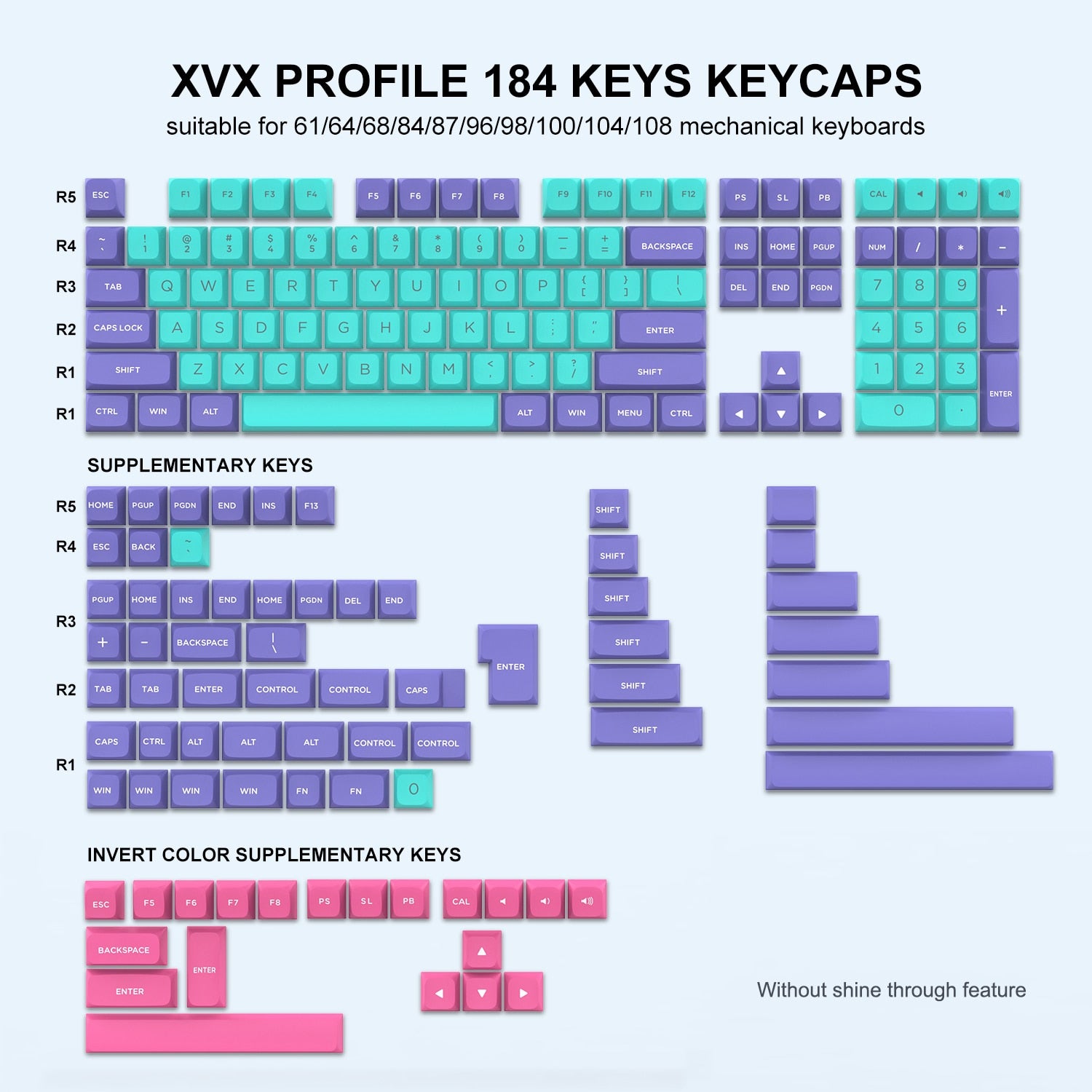 purple, cyan and pink xvx profile keycap set of 184 pbt double-shot keycaps