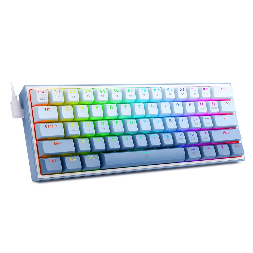 white and blue K617 RGB Mini Mechanical Keyboard - Compact and Portable Gaming Keyboard with Customizable RGB Backlighting and Hot-Swappable Red Switches.
