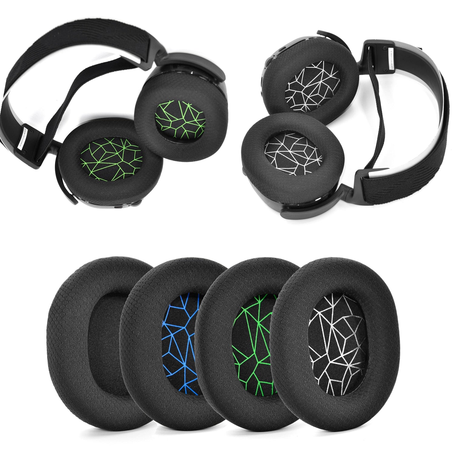 image of 4 steel series foam earpads with black, blue, green and white arctic design
