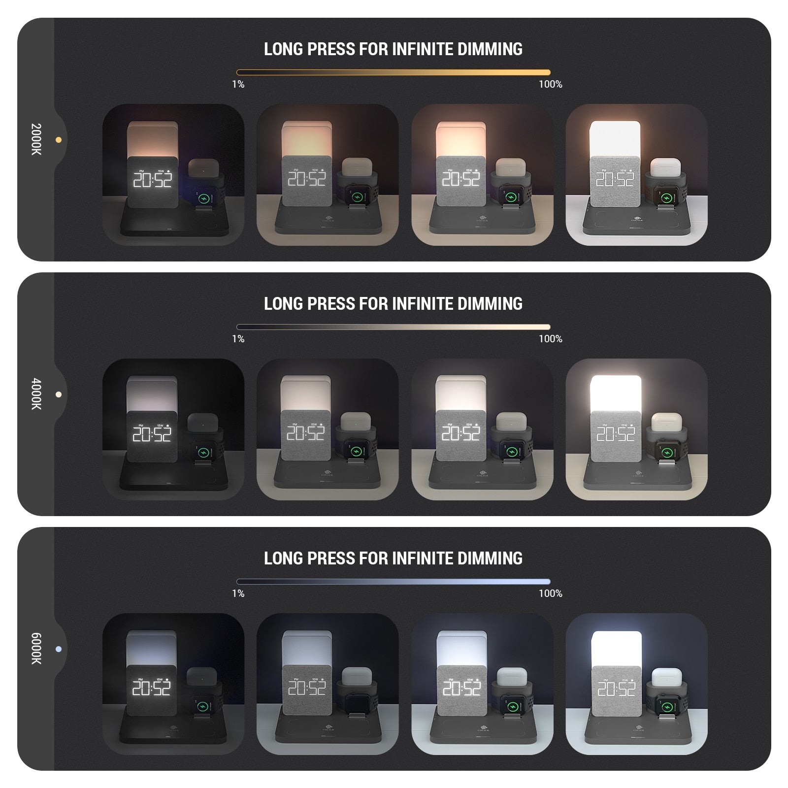 diagram showing the different light options of a charging dock alarm clock
