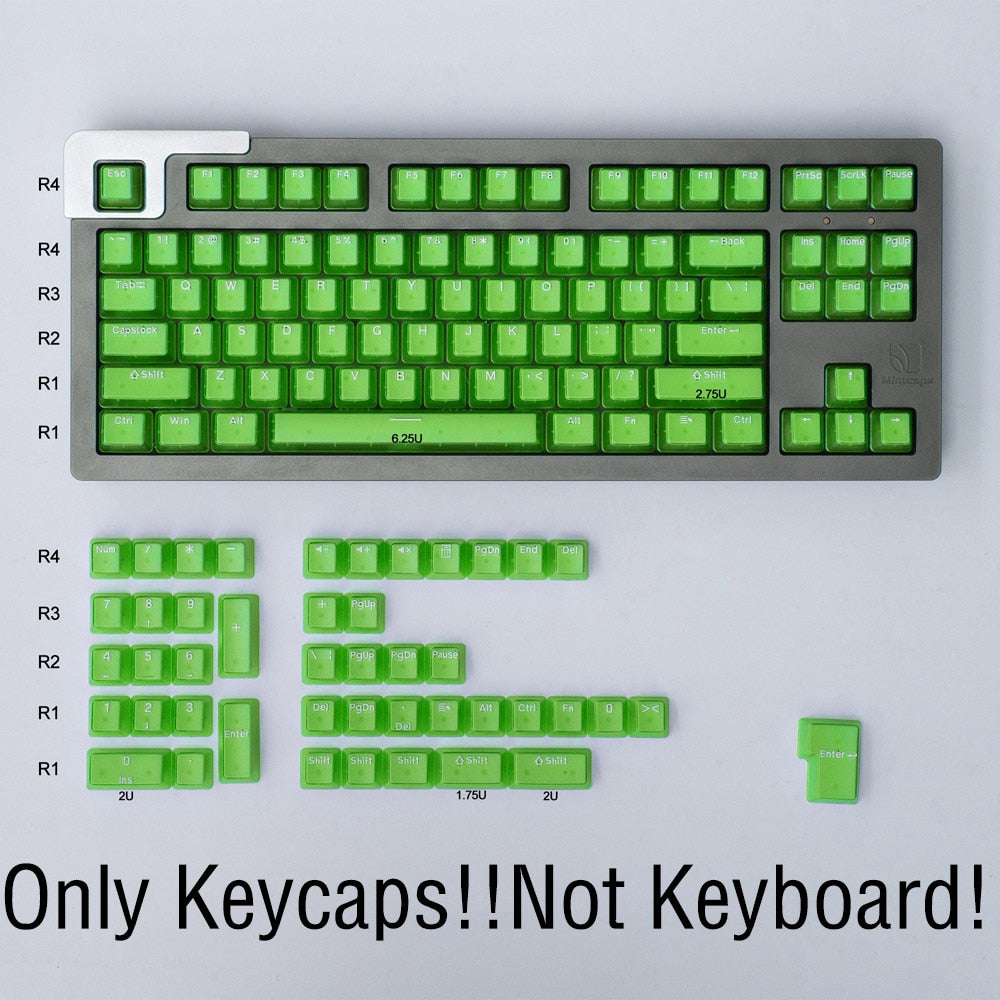 green transparent keycap set on a black mechanical keyboard