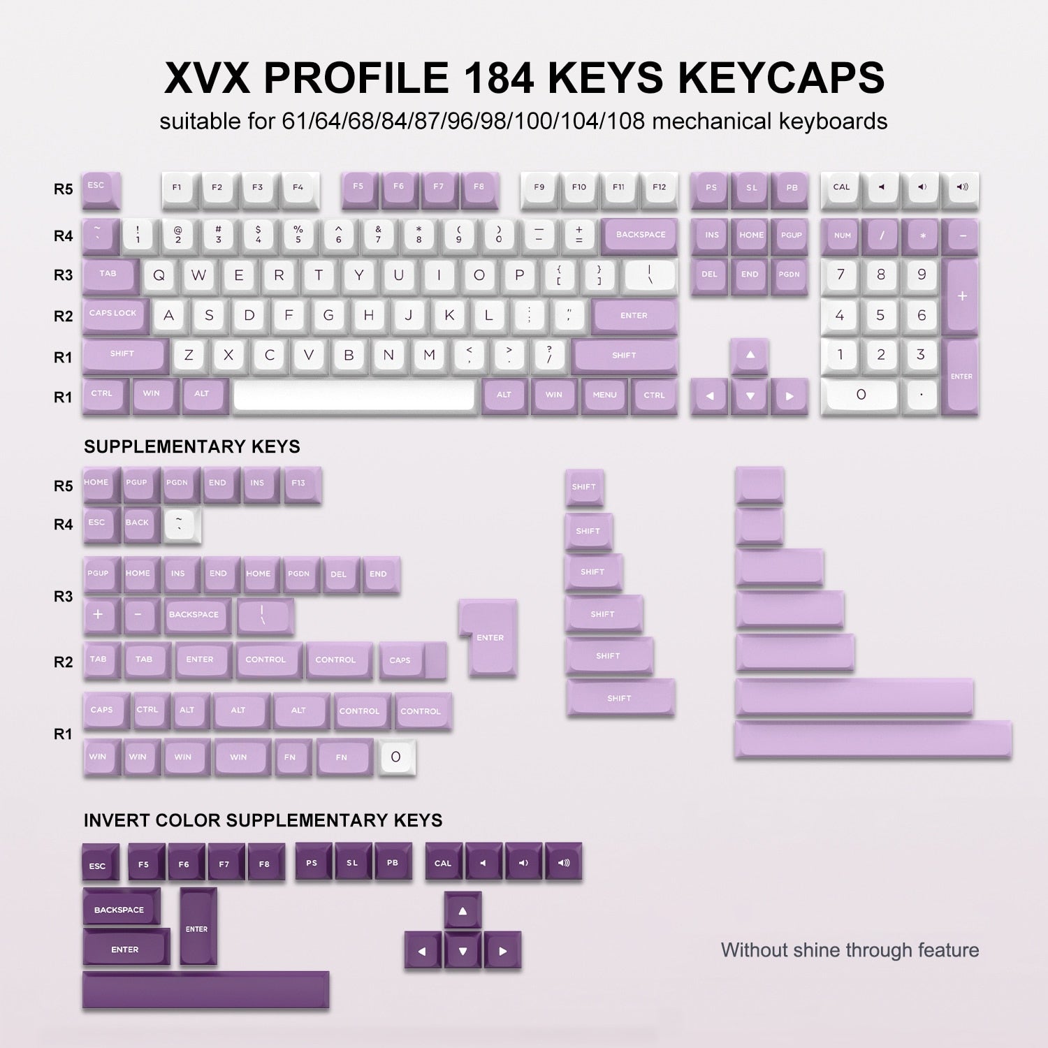 purple, lilac and white xvx profile keycap set of 184 pbt double-shot keycaps