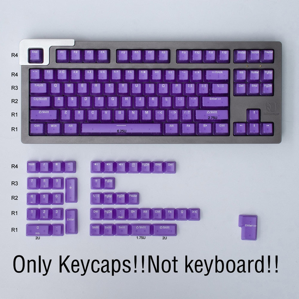 purple transparent keycap set on a mechanical keybaord