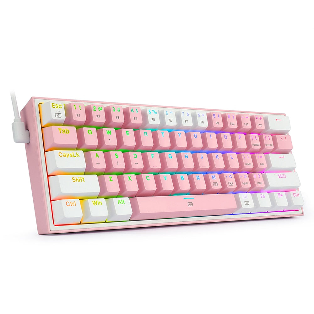Pink and white K617 RGB Mini Mechanical Keyboard - Compact and Portable Gaming Keyboard with Customizable RGB Backlighting and Hot-Swappable Red Switches.