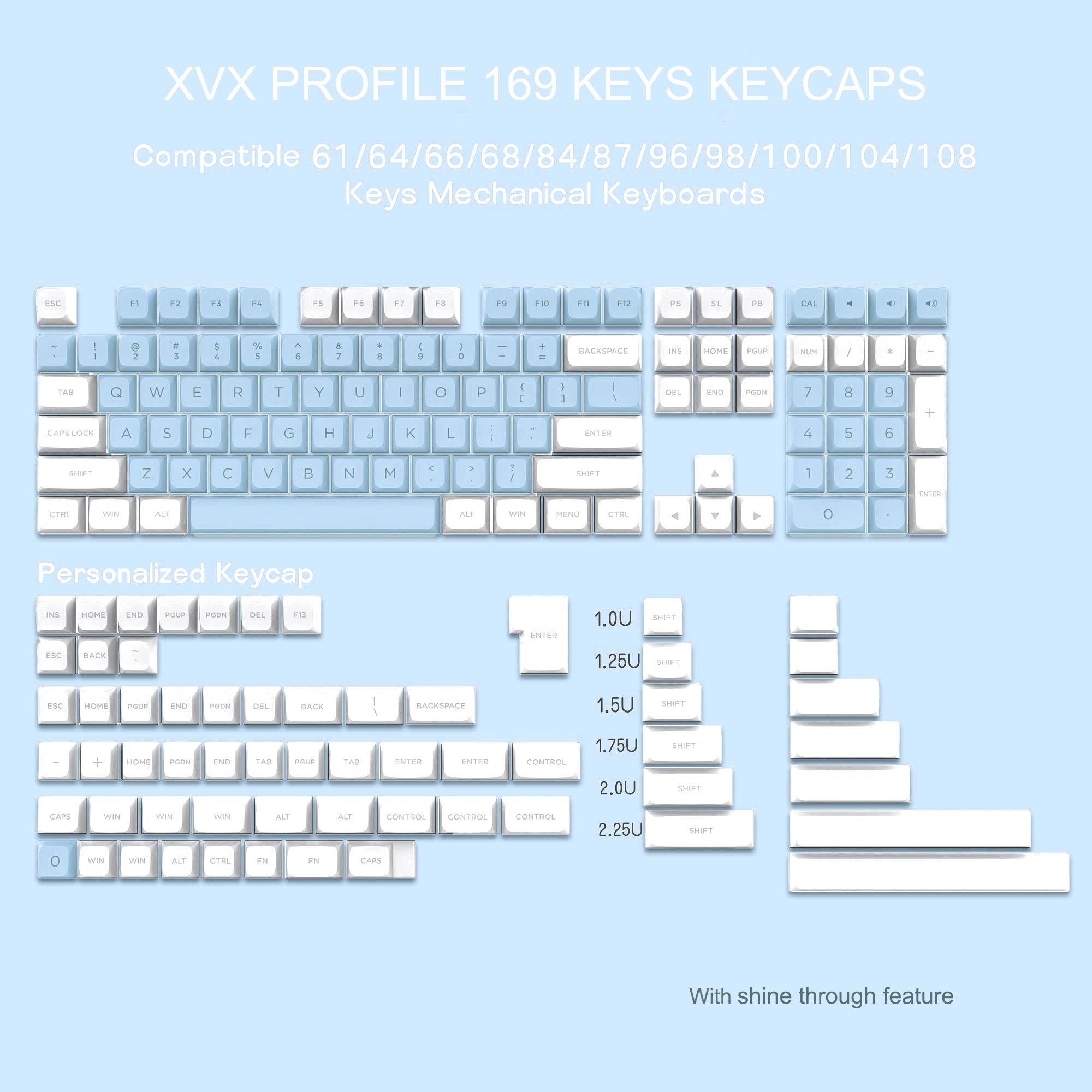 white and light blue xvx profile keycap set of 108 pbt double-shot keycaps