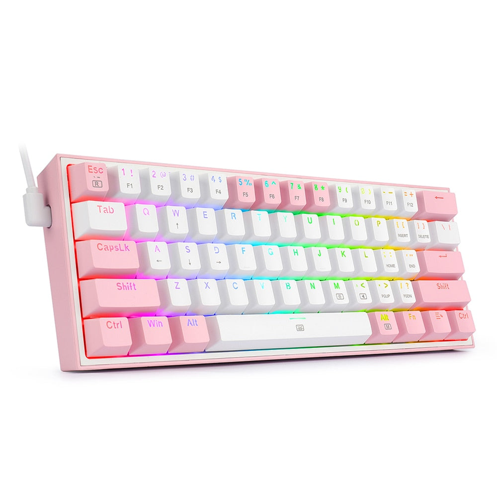 white and pink K617 RGB Mini Mechanical Keyboard - Compact and Portable Gaming Keyboard with Customizable RGB Backlighting and Hot-Swappable Red Switches.