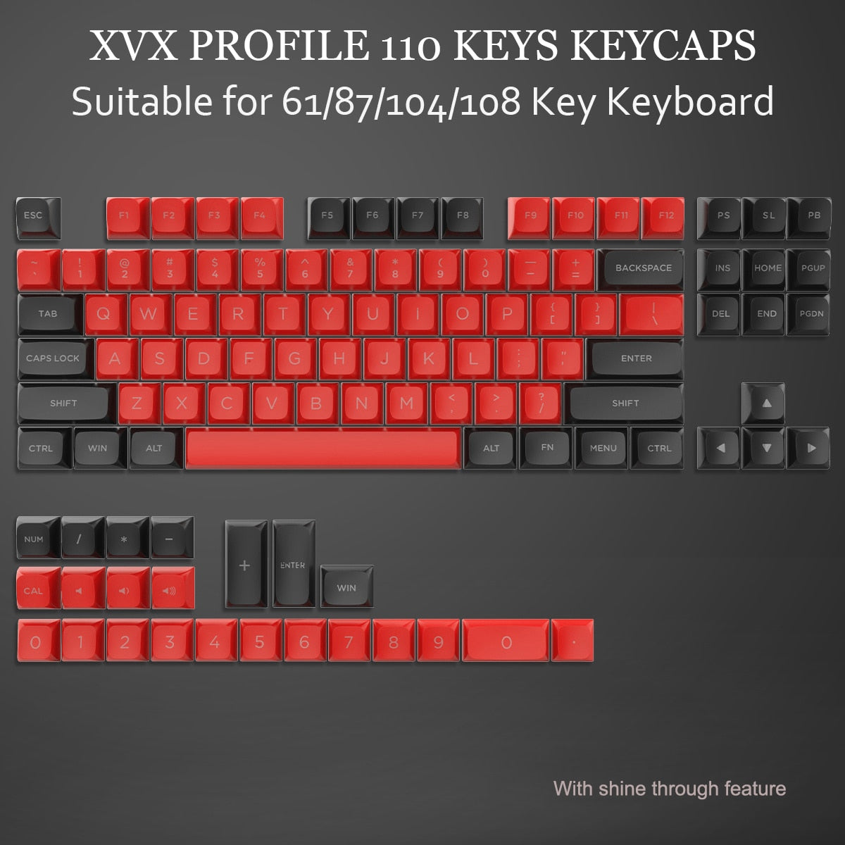 black and red xvx profile keycap set of 108 pbt double-shot keycaps