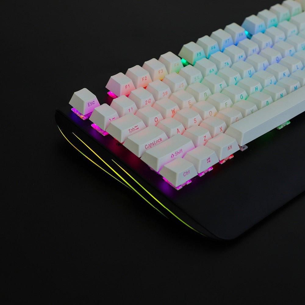 black mechanical RGB keyboard with white south facing keycaps