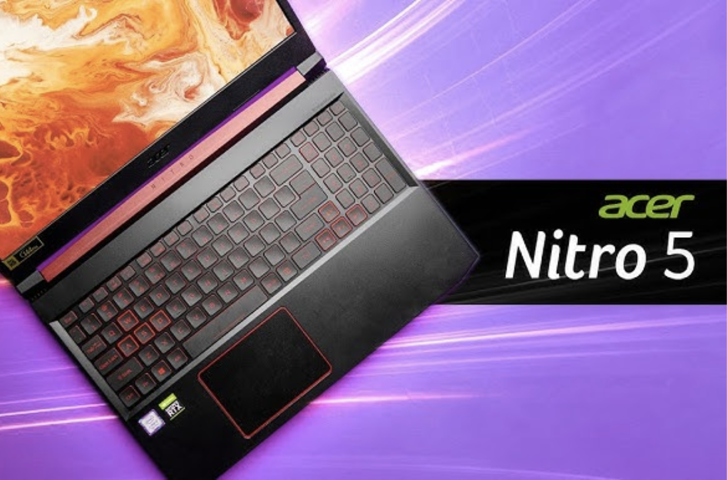 A black Acer Nitro 5 gaming laptop with a red backlit keyboard and touchpad, on a purple background.