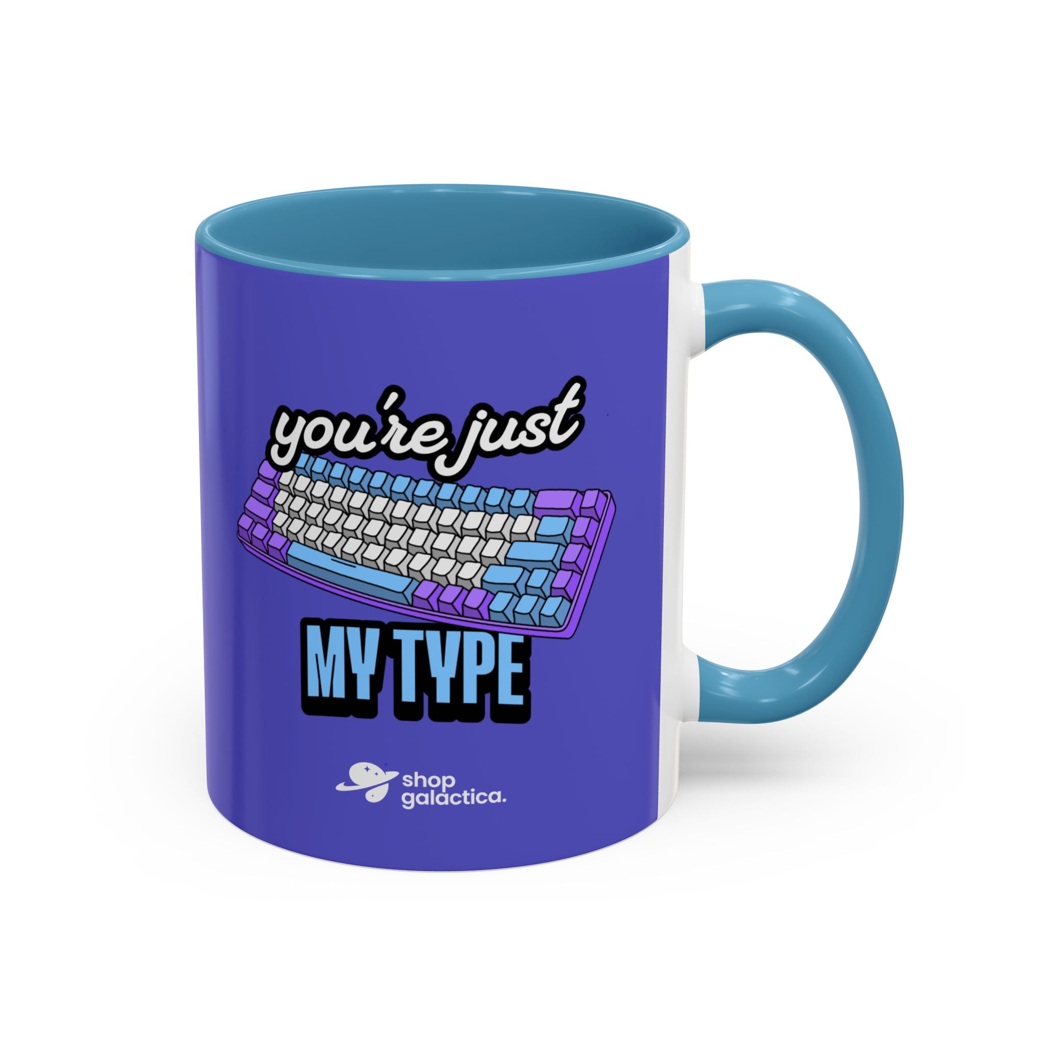Mug, Purple and Blue Theme with 'You're Just My Type' Keyboard Design