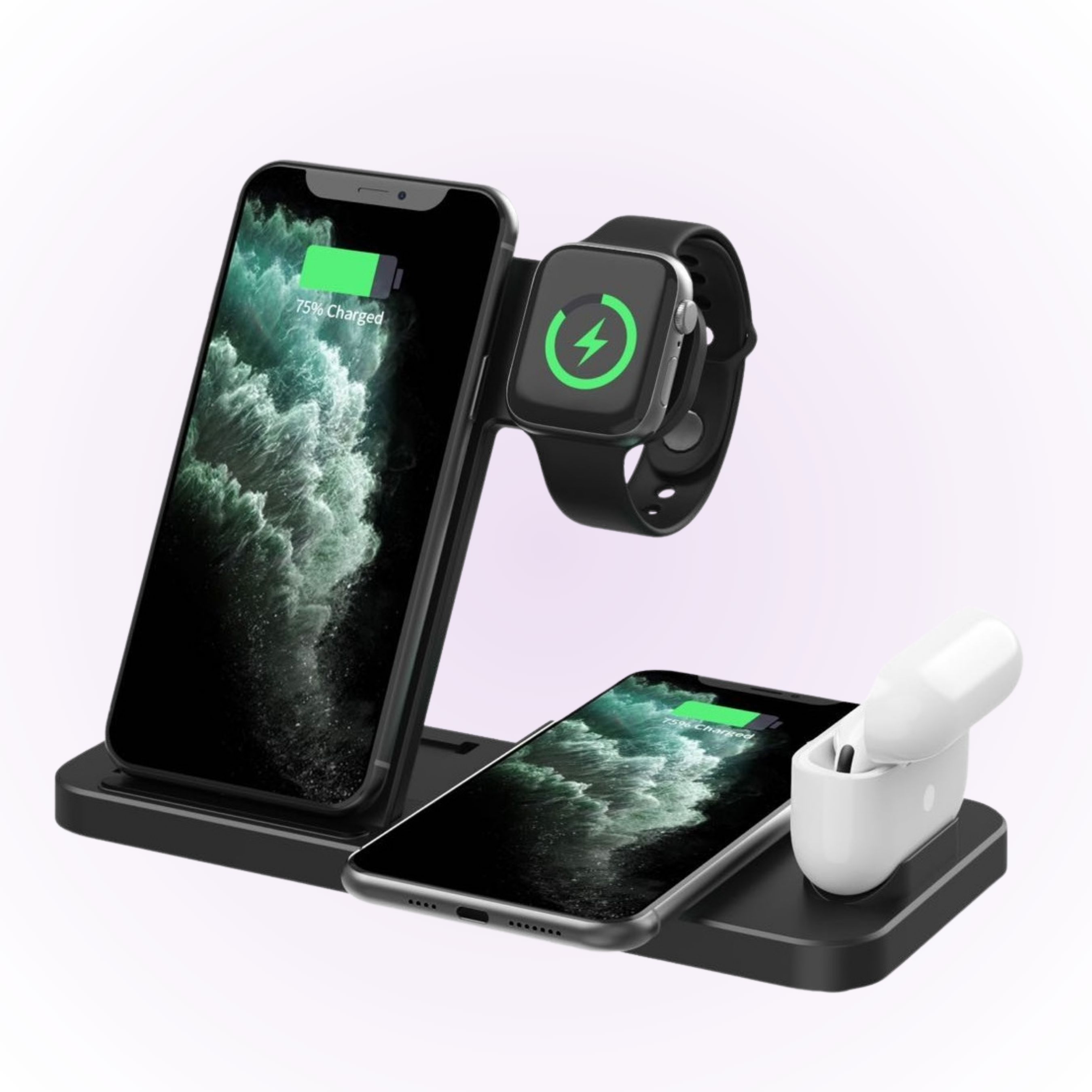 2 iphones, apple watch and airpod case on a black wireless charger