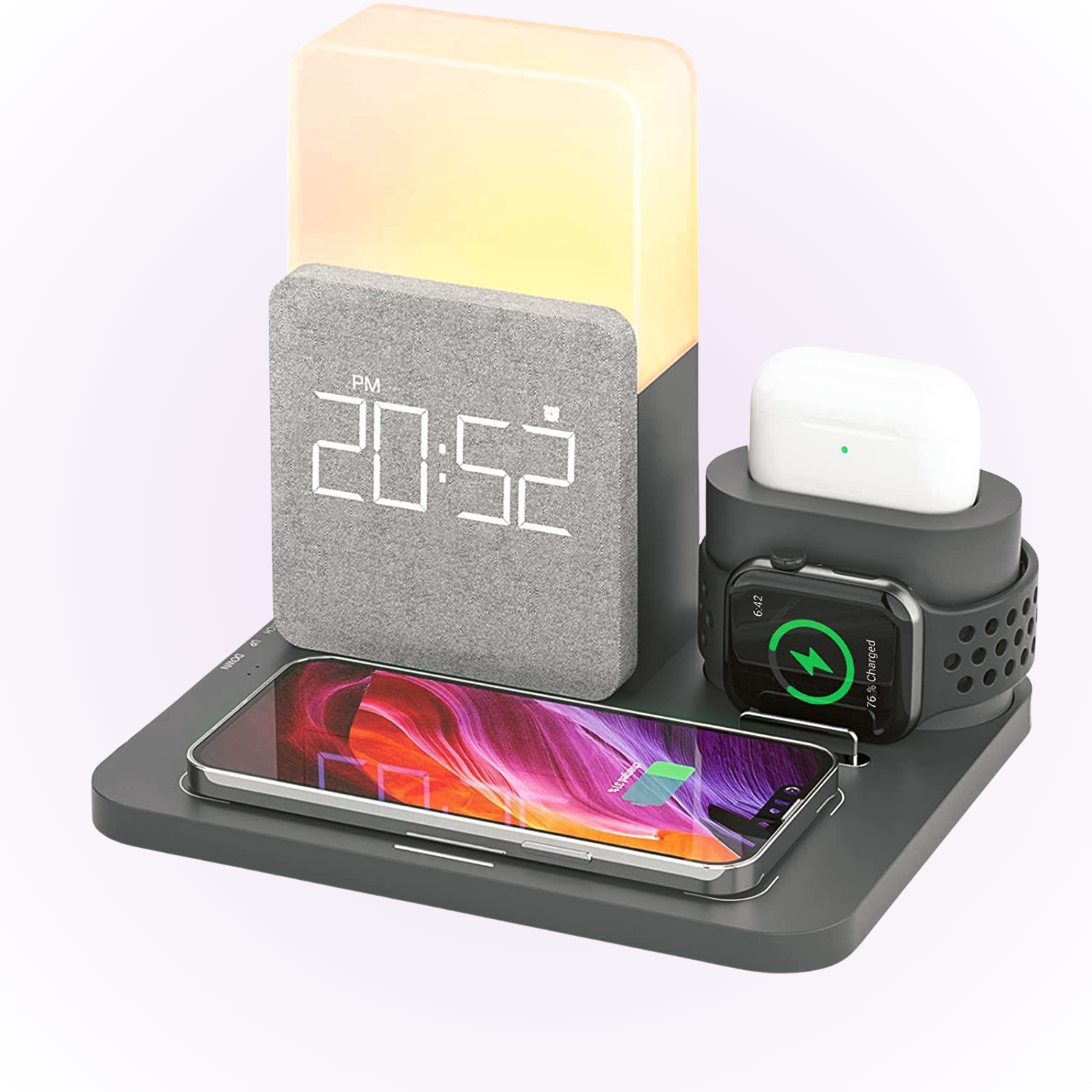 Dark grey alarm clock with wireless charging iphone, airpods and apple watch