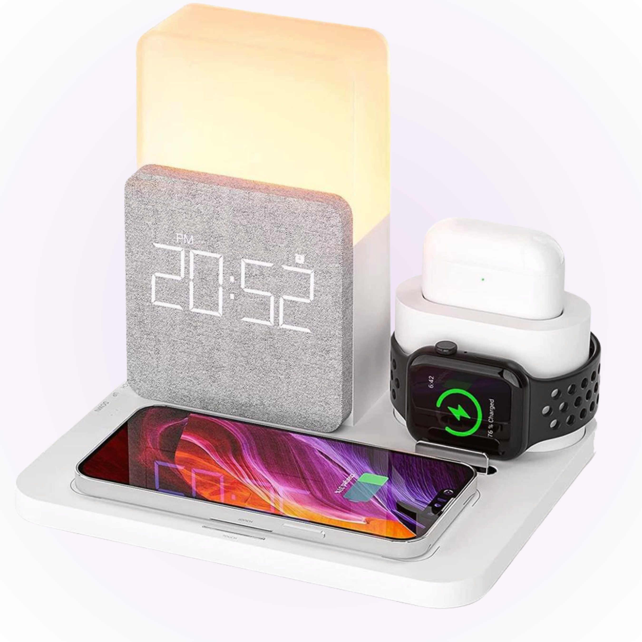 frost white alarm clock with wireless charging iphone, airpods and apple watch