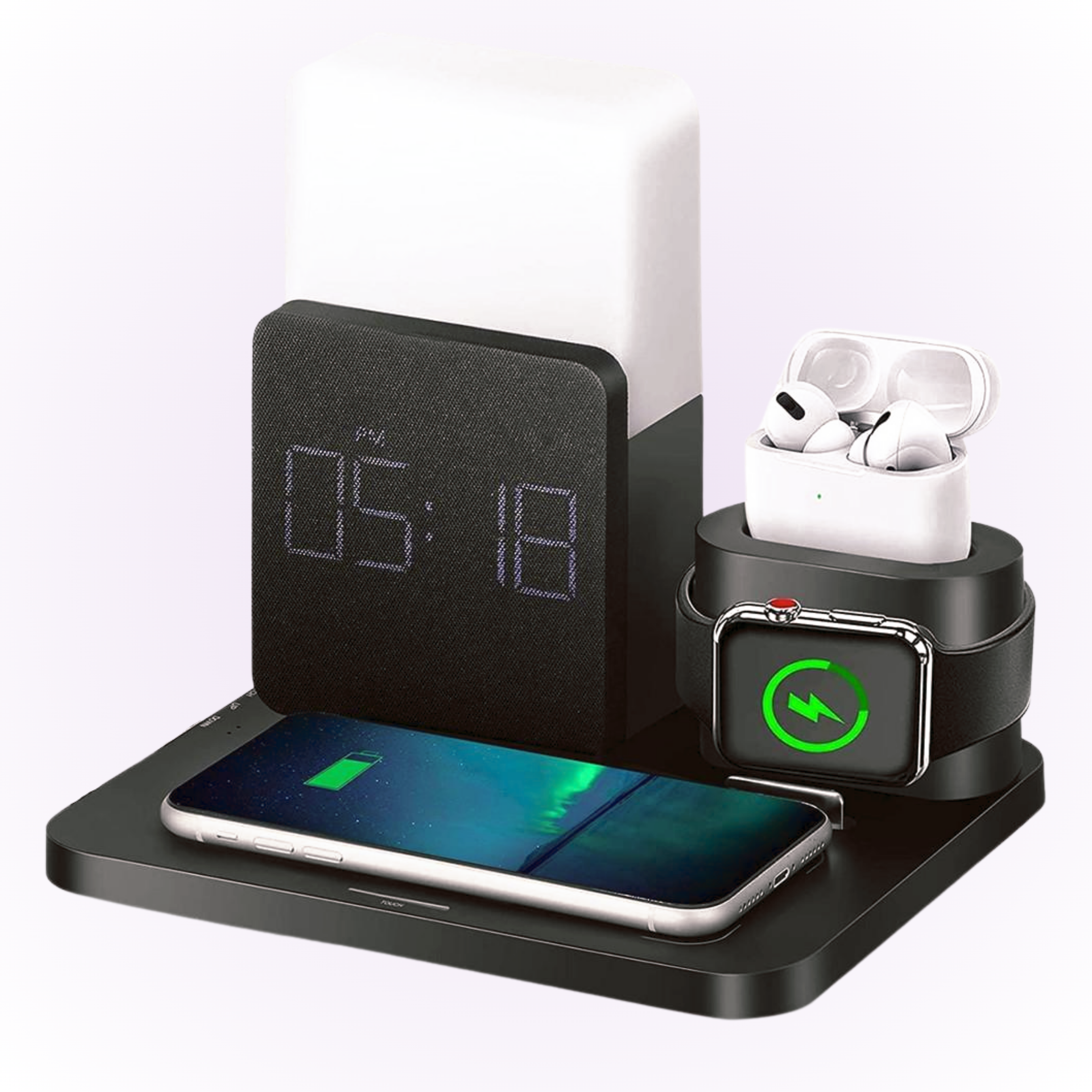 Black alarm clock with wireless charging iphone, airpods and apple watch