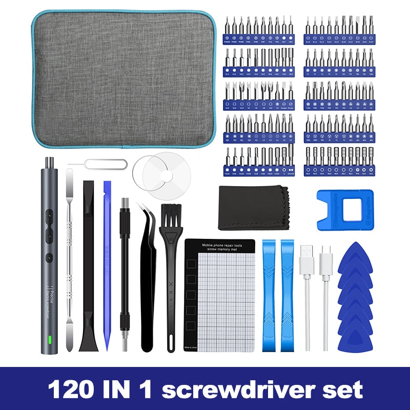 120 in 1 screwdriver set, with cleaning brush, switch remover, charger, demagnetiser, sim card opener and many more essentials that are perfect for pc assembly or mechanical keyboard assembly