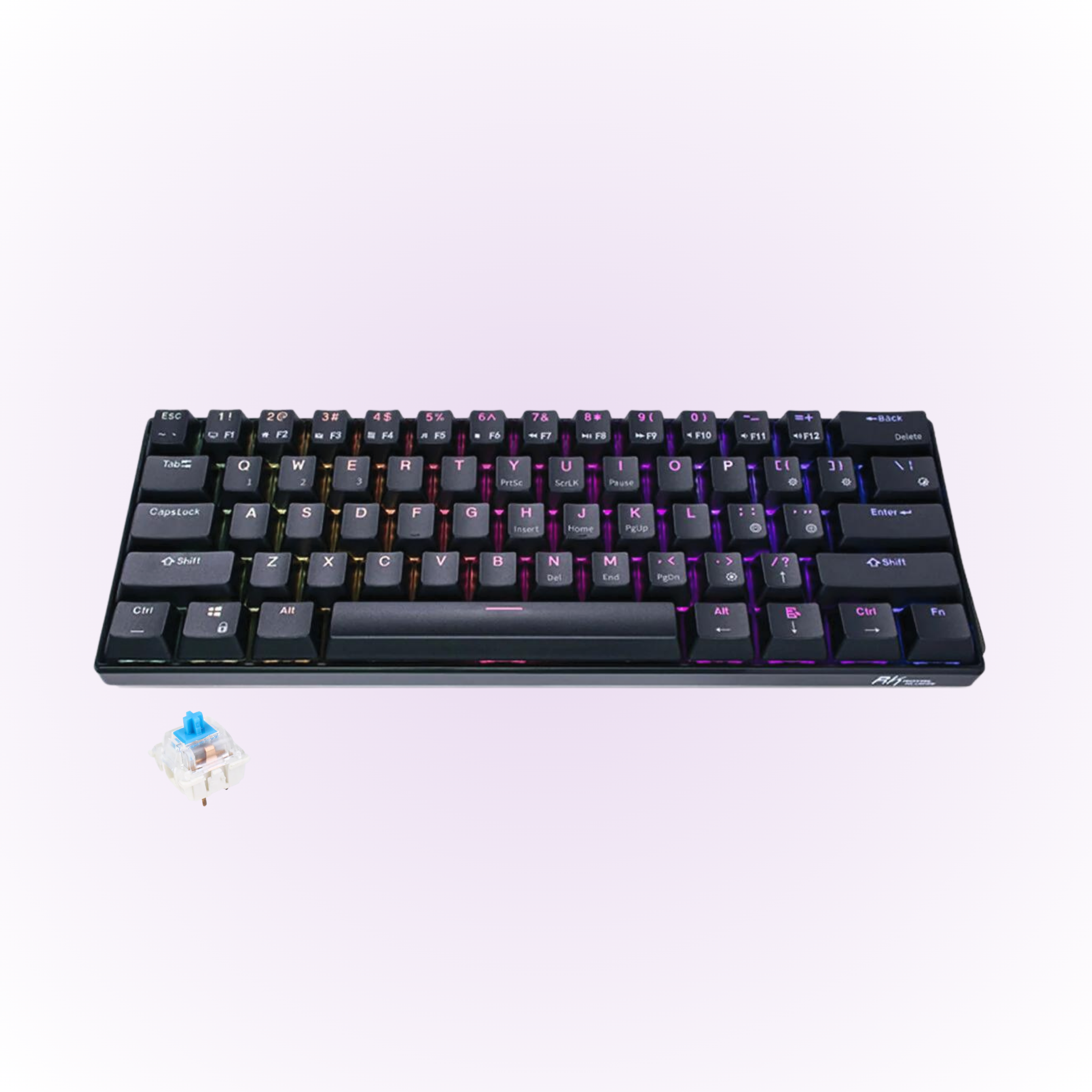 black rgb mechanical keyboard with blue keyboard switch next to the keyboard