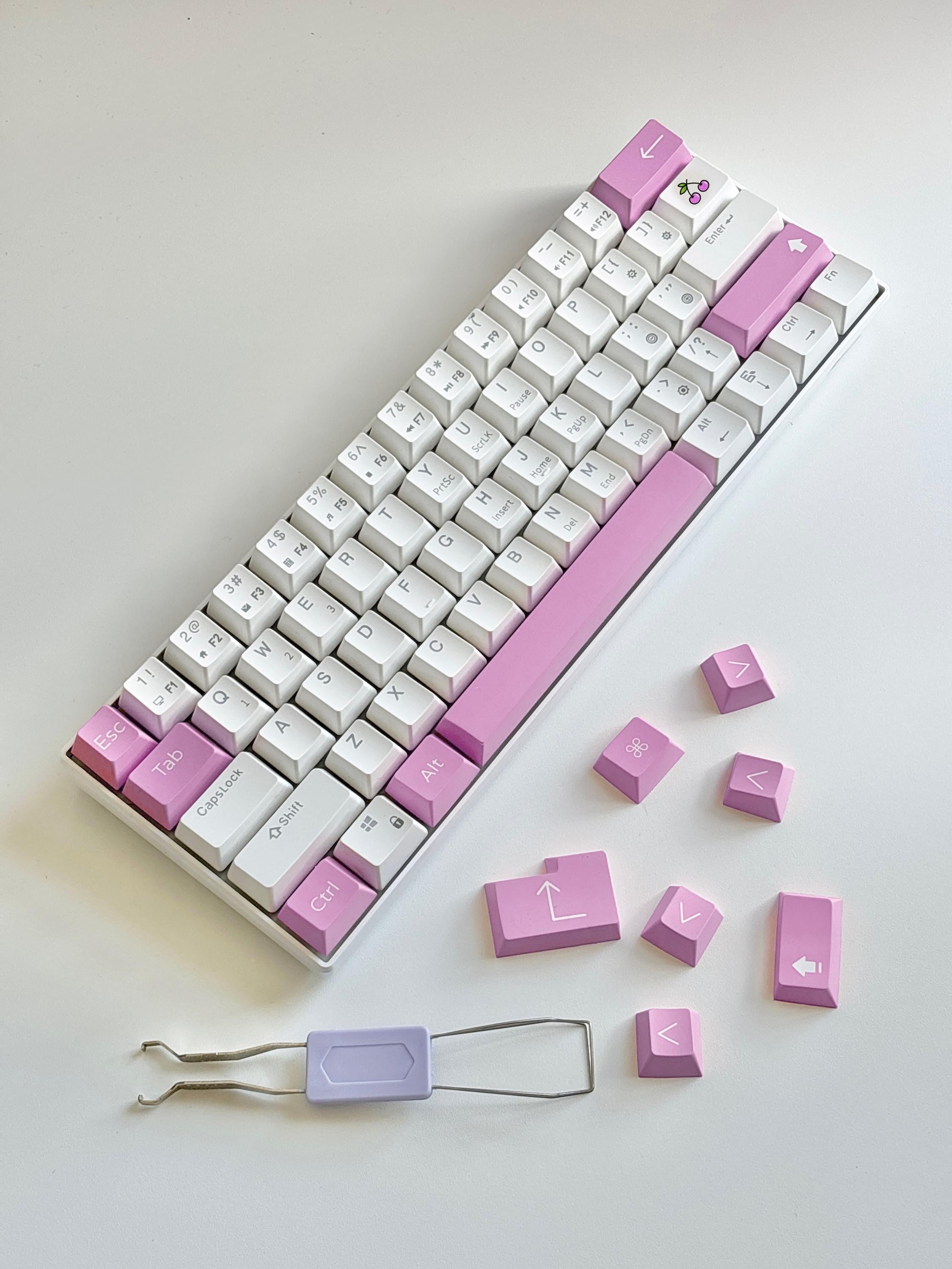 pink keycaps cute cherry blossom custom keycaps on white gaming mechanical keyboard