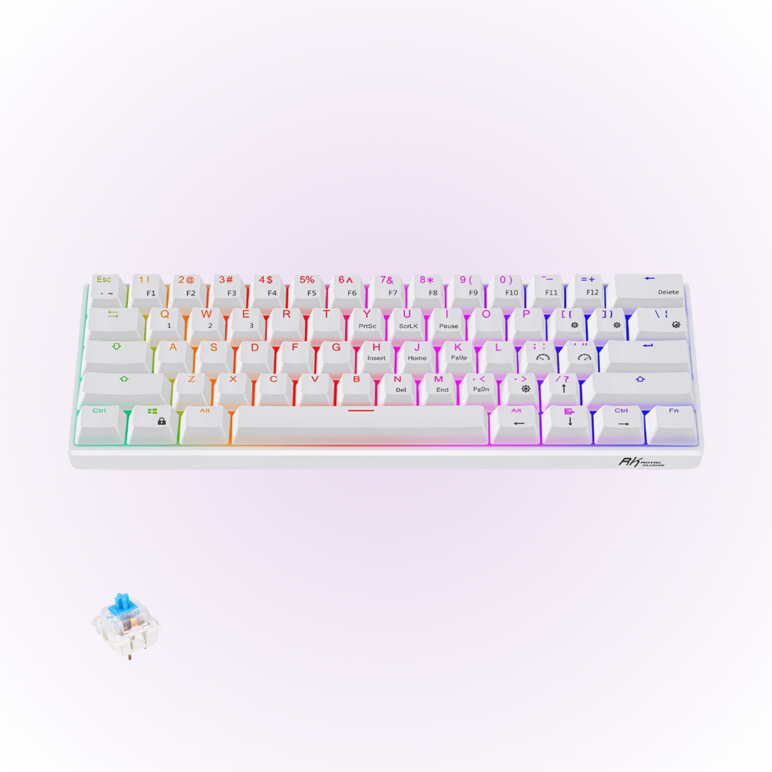 White rgb mechanical keyboard with blue keyboard switch next to the keyboard