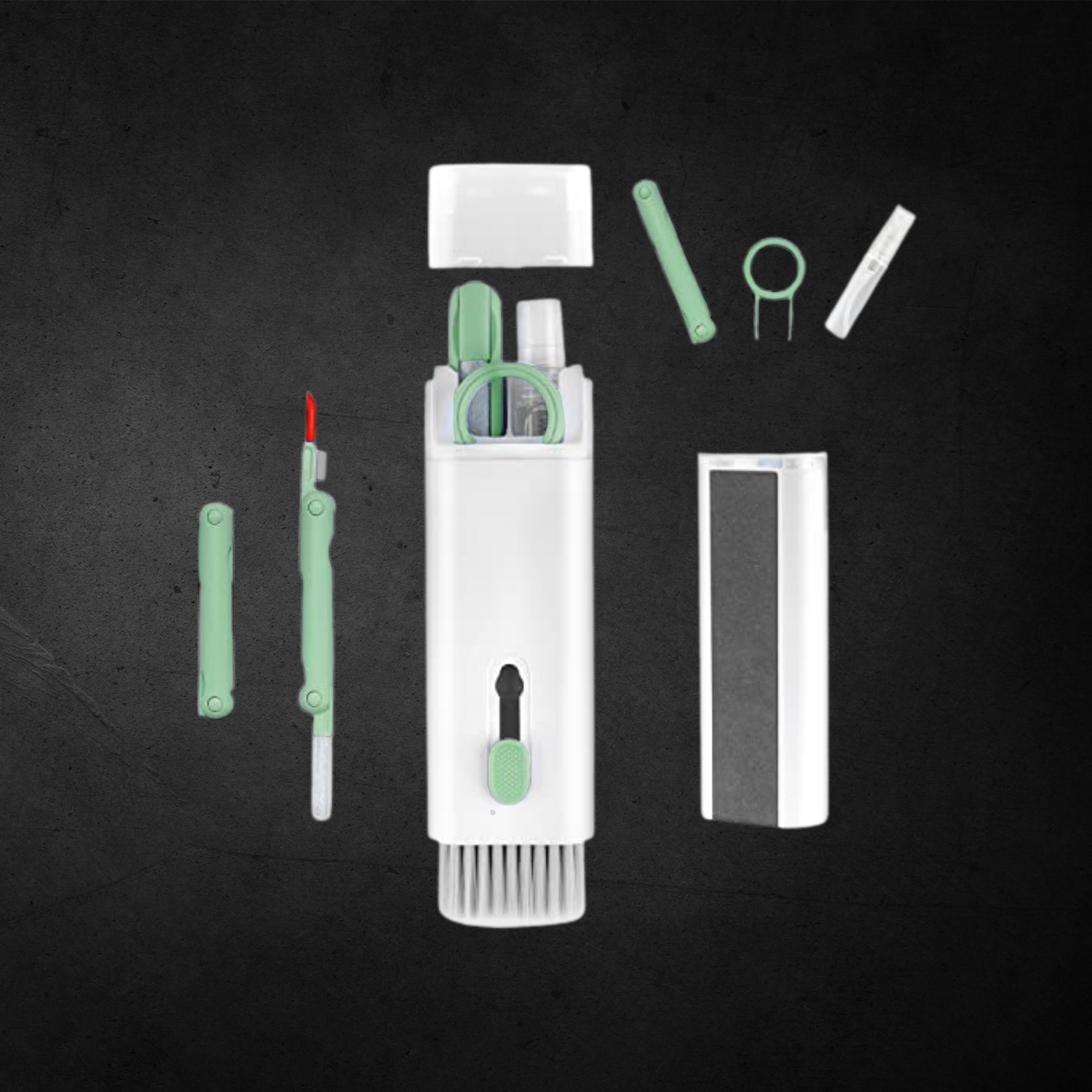 white and green gadget cleaner, with screen wiper and spray, keycap puller and airpod cleaner